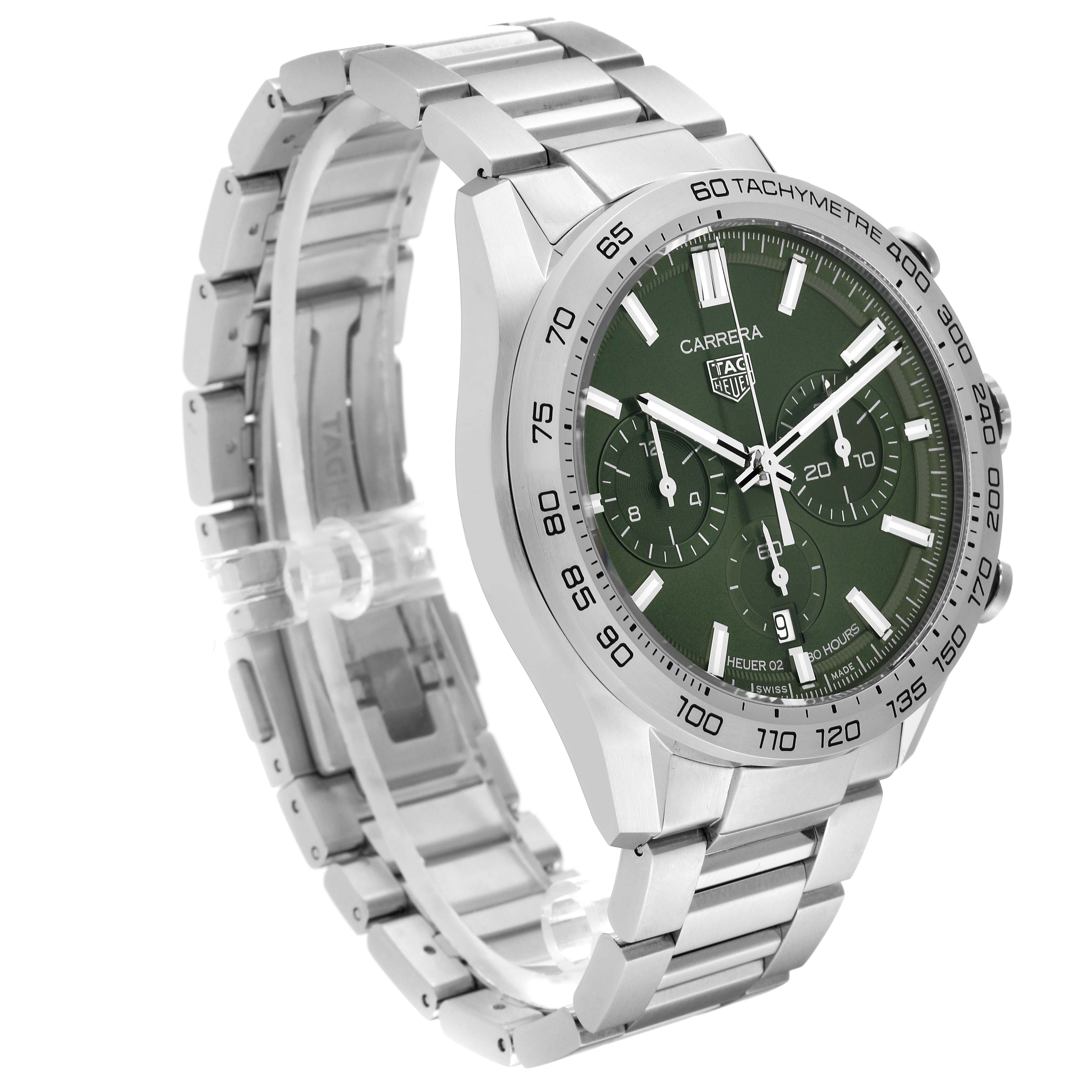 The image shows a side angle of a Tag Heuer Carrera CBN2A10.BA0643 Men's Stainless Steel Green Dial CBN2A10.BA0643 Men's Stainless Steel Green Dial watch, highlighting the green dial, tachymeter bezel, and stainless steel bracelet.
