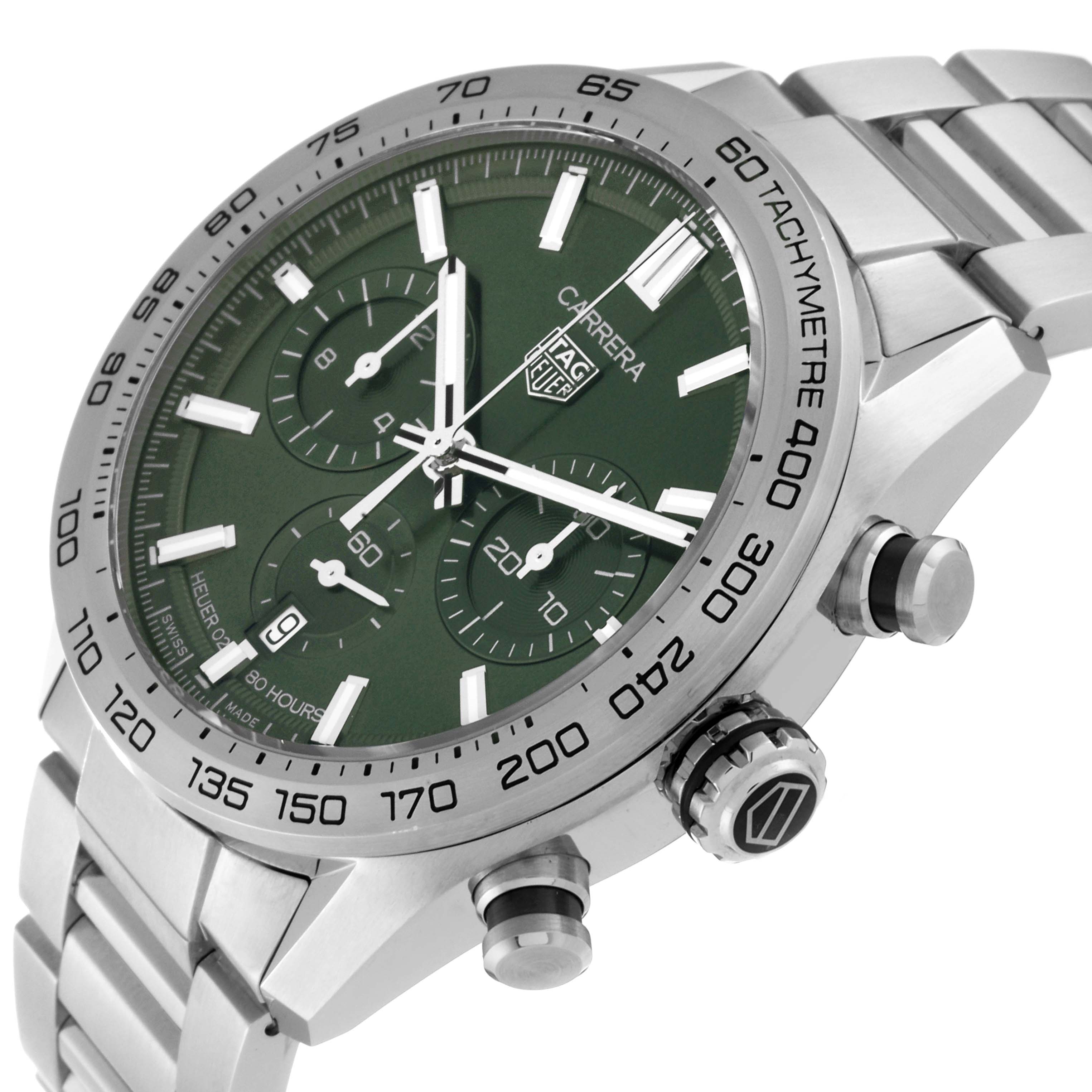 The image shows a close-up of the Tag Heuer Carrera CBN2A10.BA0643 Men's Stainless Steel Green Dial CBN2A10.BA0643 Men's Stainless Steel Green Dial watch at a slight oblique angle, highlighting the green dial, bezel, and buttons.