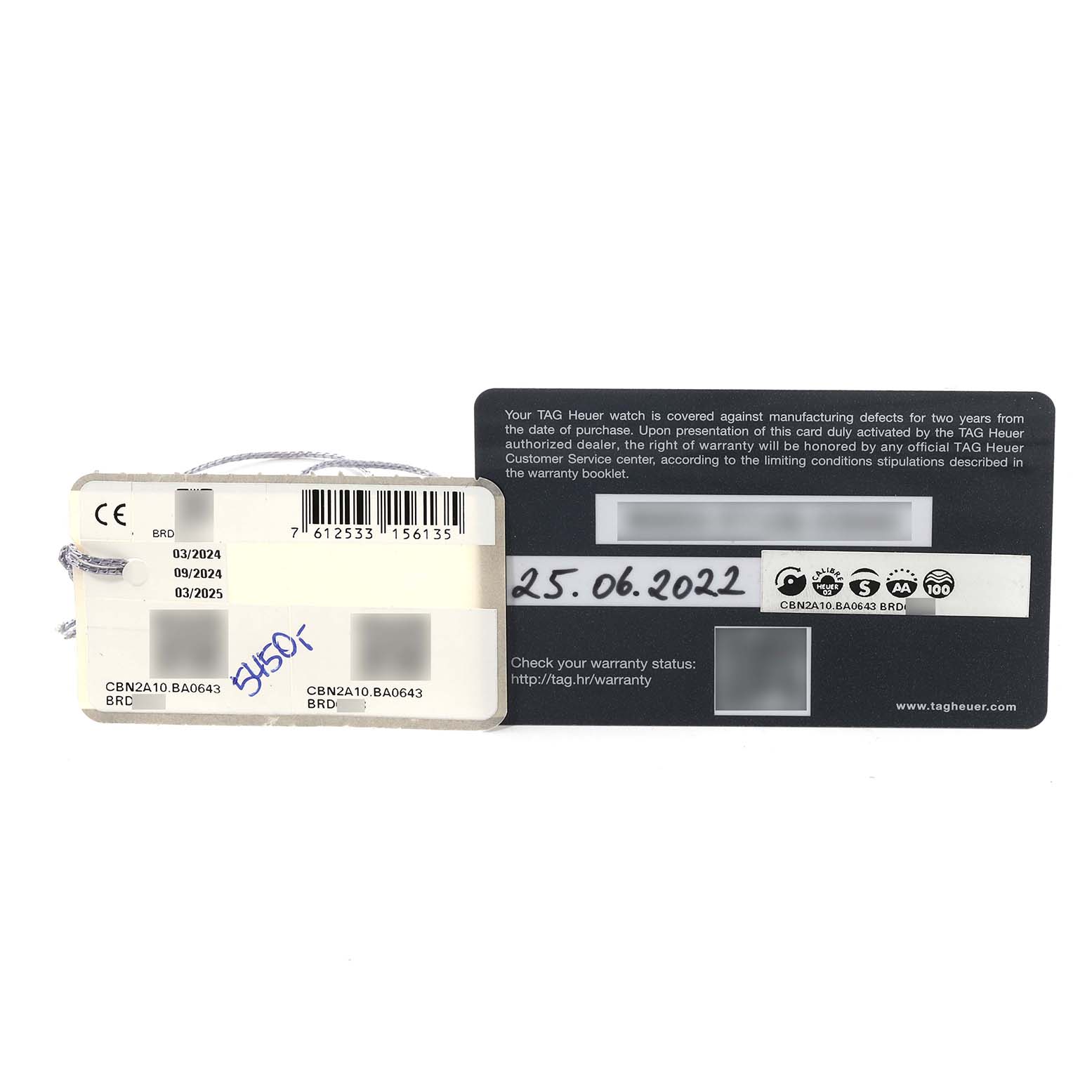 The image shows warranty cards for a Tag Heuer Carrera CBN2A10.BA0643 Men's Stainless Steel Green Dial CBN2A10.BA0643 Men's Stainless Steel Green Dial model watch, including purchase date and warranty information.