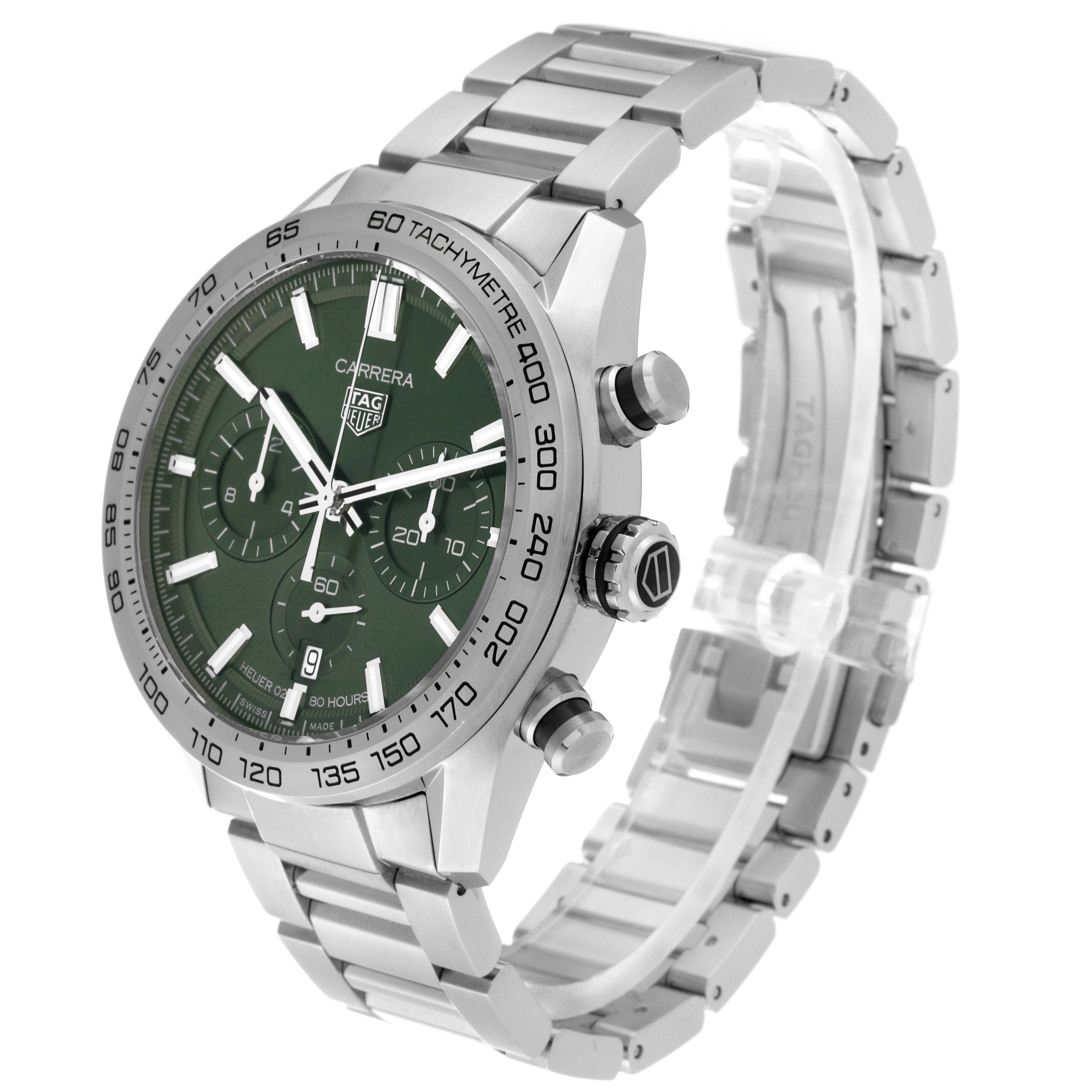 This Tag Heuer Carrera CBN2A10.BA0643 Men's Stainless Steel Green Dial CBN2A10.BA0643 Men's Stainless Steel Green Dial watch is shown at a three-quarter angle, displaying its dial, tachymeter bezel, crown, pushers, and metal bracelet.