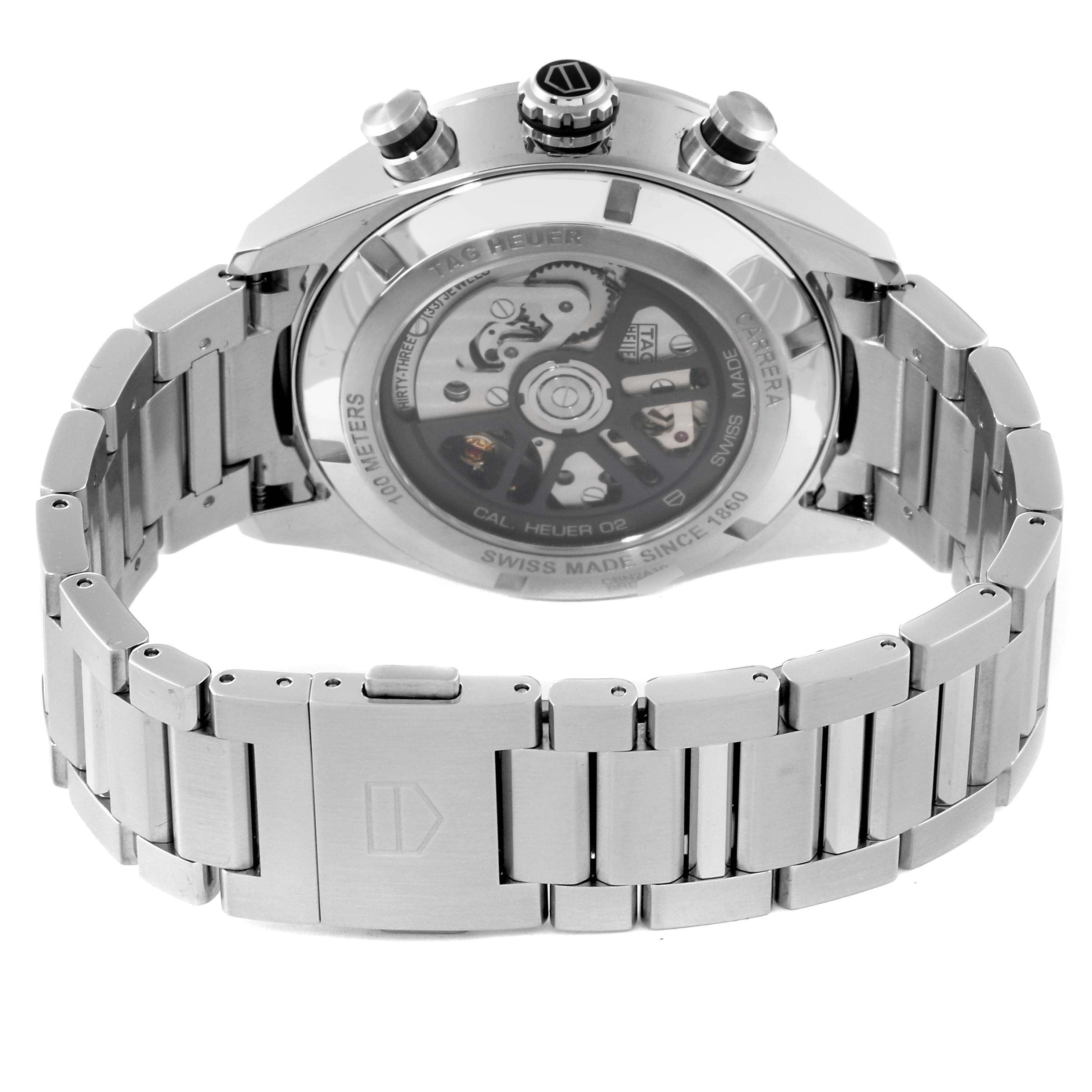 The image shows the back view of the Carrera model watch by Tag Heuer, highlighting its case back, crown, pushers, and bracelet.