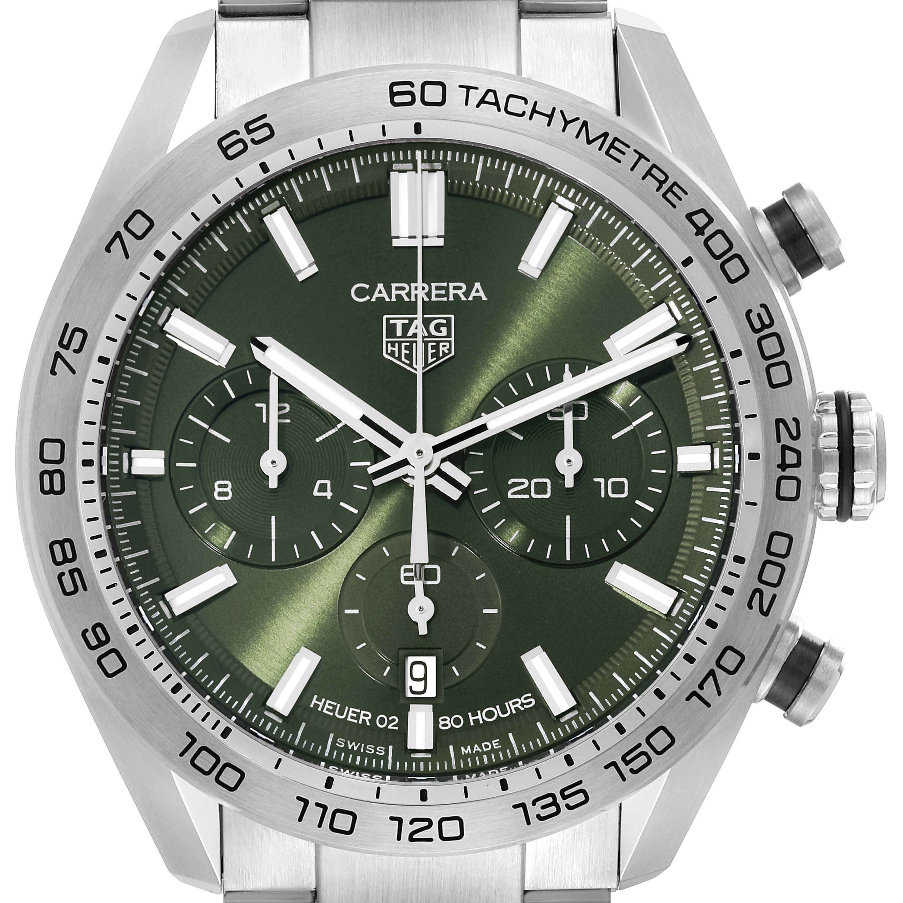 This image shows a frontal view of the Tag Heuer Carrera CBN2A10.BA0643 Men's Stainless Steel Green Dial CBN2A10.BA0643 Men's Stainless Steel Green Dial watch, displaying its green dial, chronograph subdials, and tachymeter bezel.