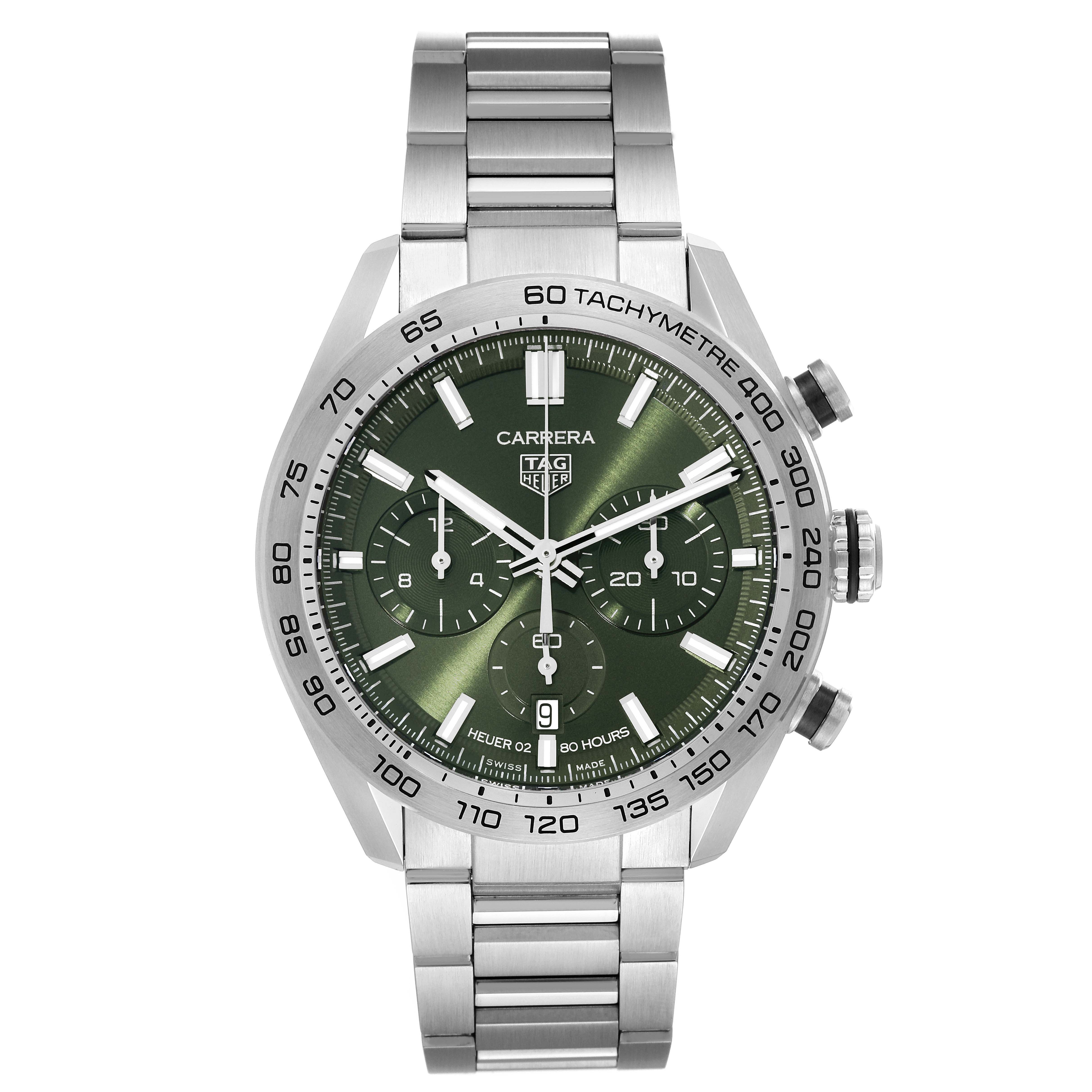 The image shows a frontal view of a Tag Heuer Carrera CBN2A10.BA0643 Men's Stainless Steel Green Dial CBN2A10.BA0643 Men's Stainless Steel Green Dial watch, displaying its stainless steel bracelet and green dial.