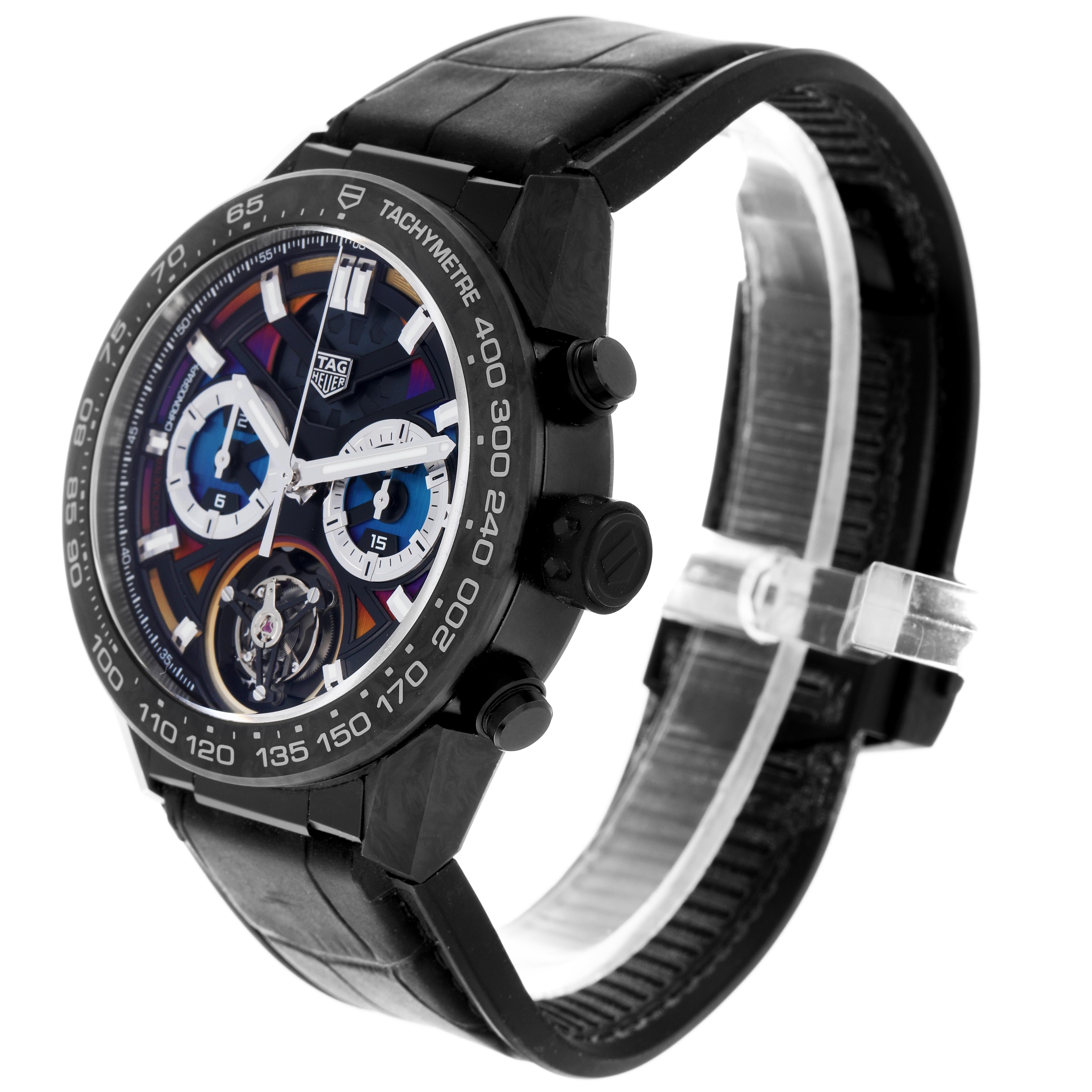 The Tag Heuer Carrera CAR5A8AF Men's Titanium Black Dial CAR5A8AF Men's Titanium Black Dial watch is shown at a three-quarter angle, highlighting the dial, bezel, and strap.