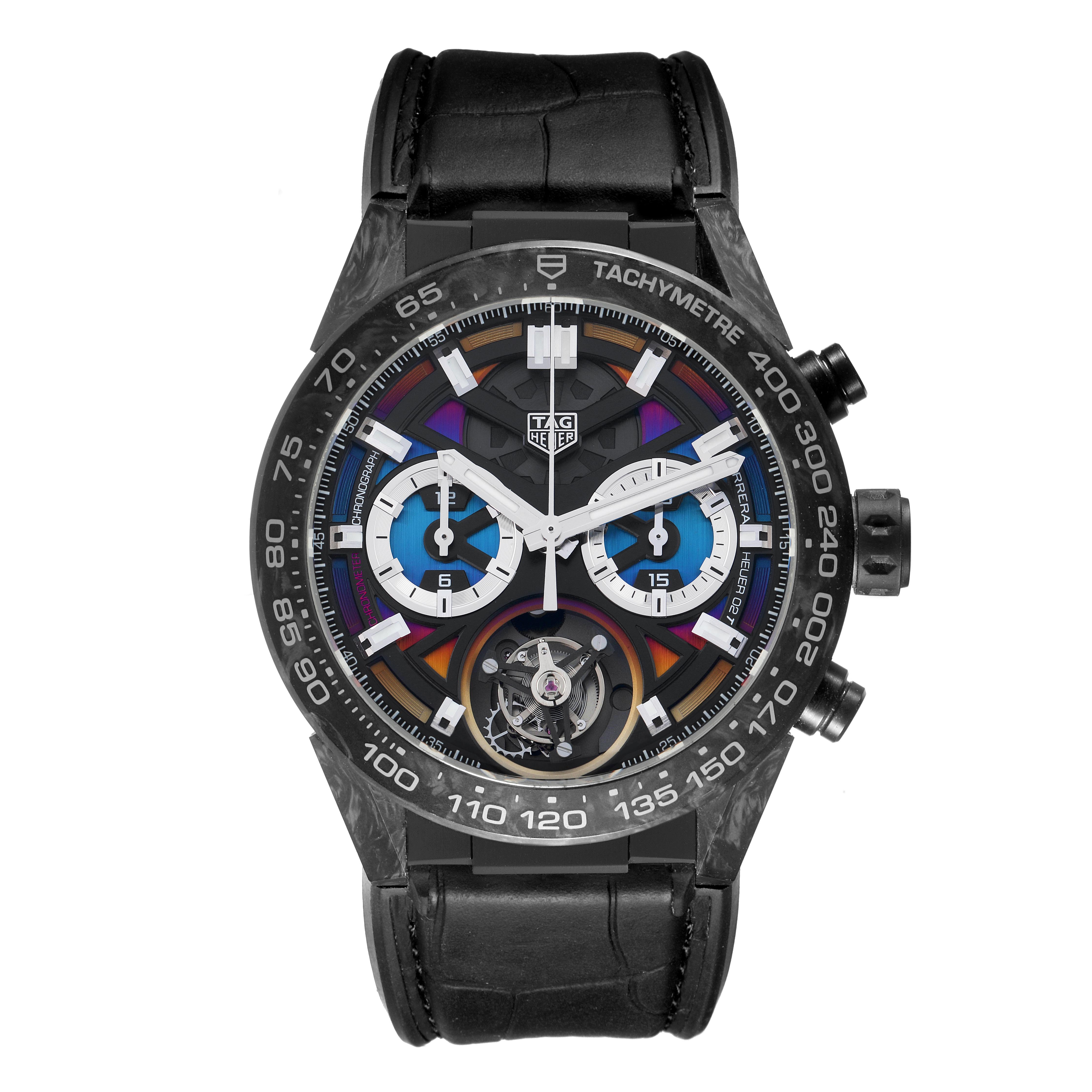 The Tag Heuer Carrera CAR5A8AF Men's Titanium Black Dial CAR5A8AF Men's Titanium Black Dial watch is shown from a top-down angle, featuring its face, tachymeter bezel, subdials, and leather strap.