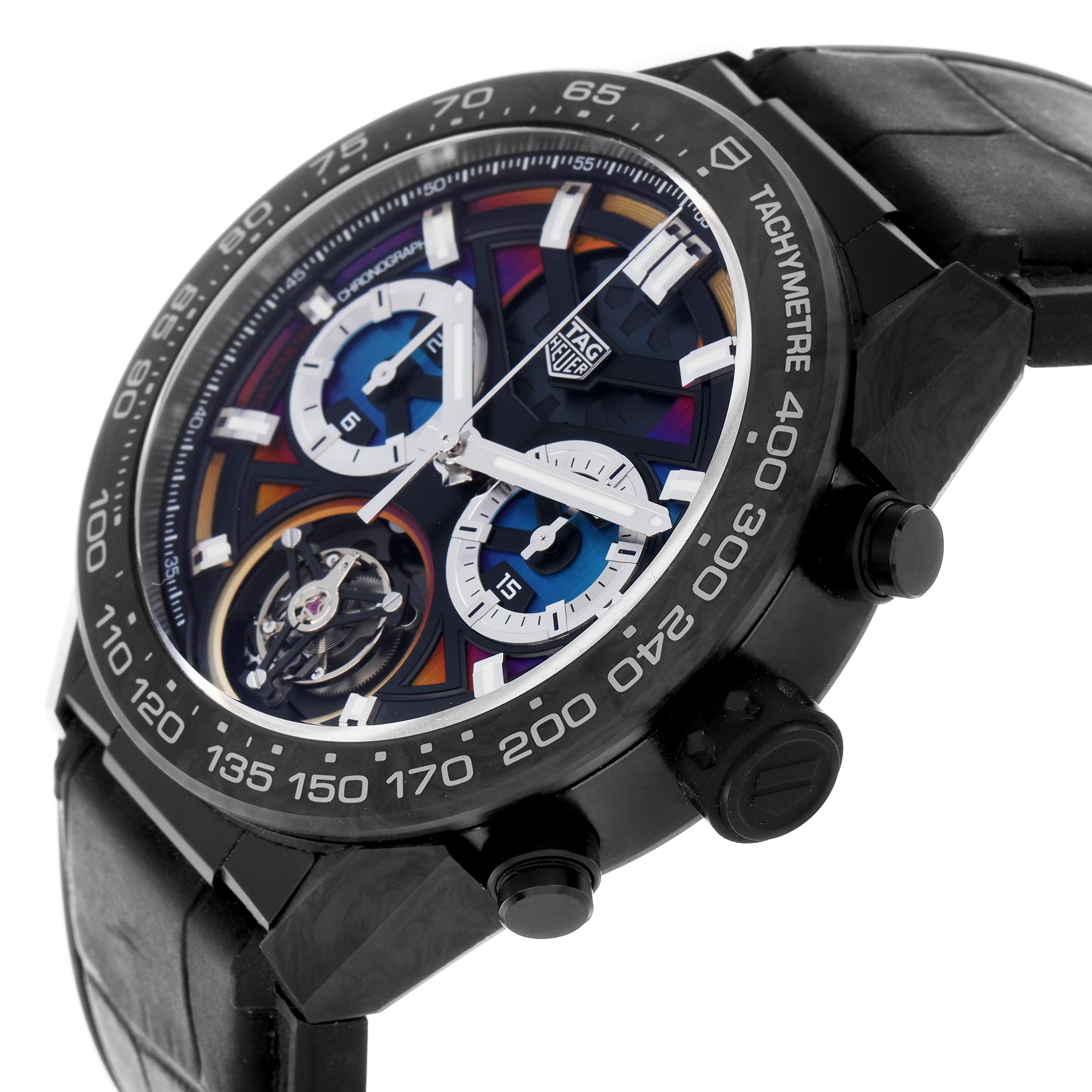The image shows a close-up, angled view of the Tag Heuer Carrera CAR5A8AF Men's Titanium Black Dial CAR5A8AF Men's Titanium Black Dial watch, displaying the dial, tachymeter bezel, and side buttons.