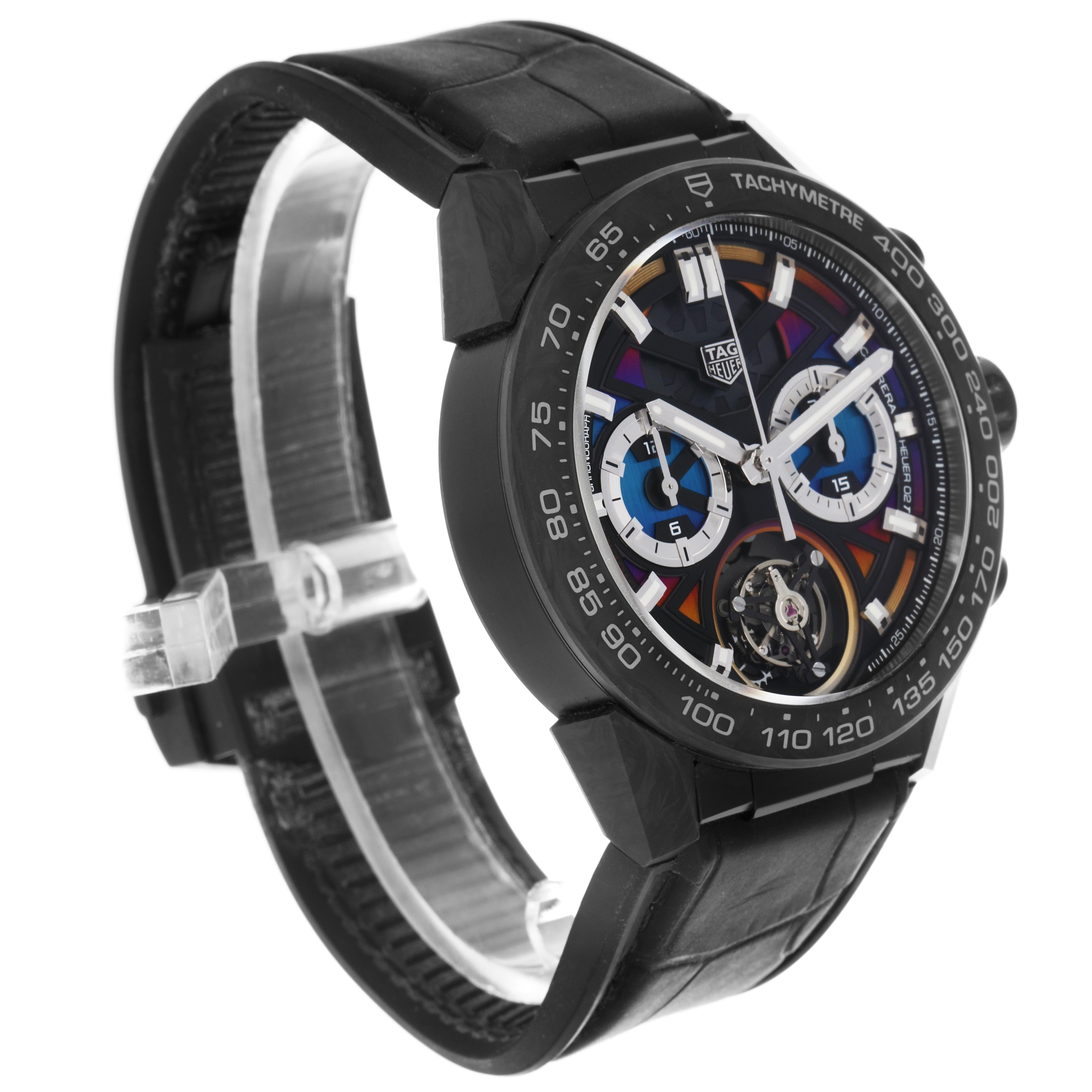 The Tag Heuer Carrera CAR5A8AF Men's Titanium Black Dial CAR5A8AF Men's Titanium Black Dial watch is shown at a slight side angle, highlighting its black strap, case, and detailed dial.