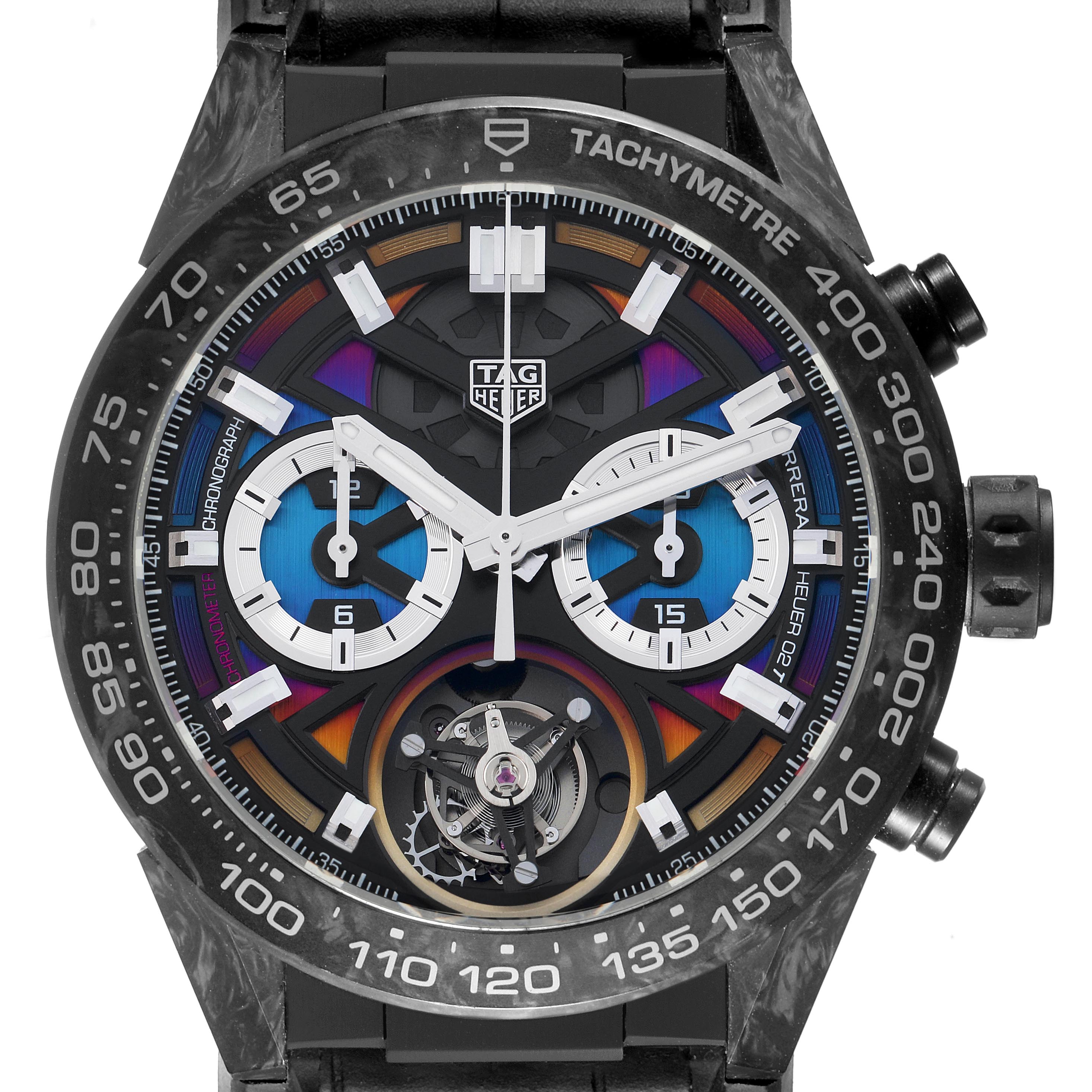 The Tag Heuer Carrera CAR5A8AF Men's Titanium Black Dial CAR5A8AF Men's Titanium Black Dial watch is shown from the front, displaying the dial, subdials, tachymeter scale, and crown.