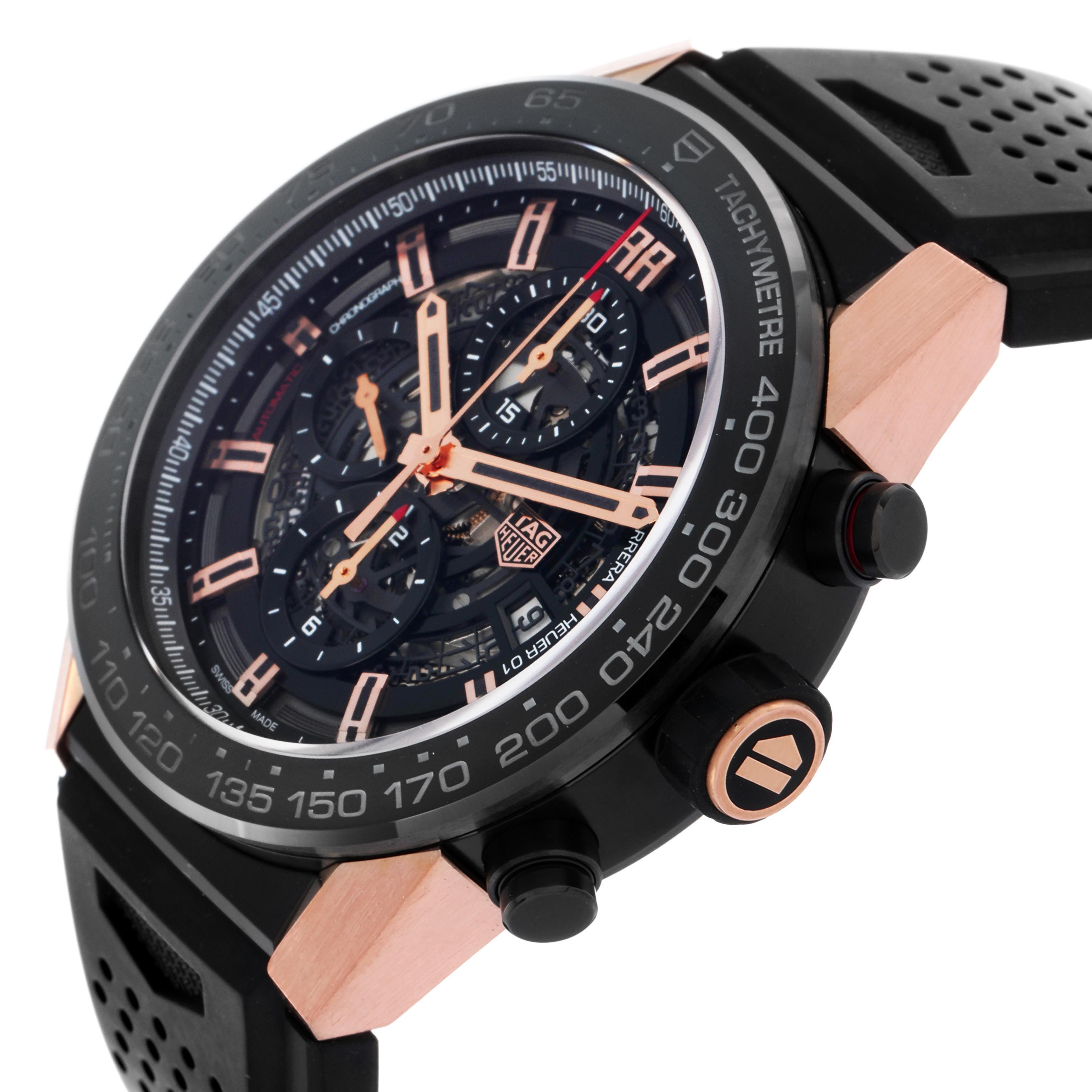 The Tag Heuer Carrera CAR2A5A Men's Titanium Black Dial CAR2A5A Men's Titanium Black Dial watch is angled to show the face, side buttons, and part of the strap, highlighting its tachymeter and chronograph features.