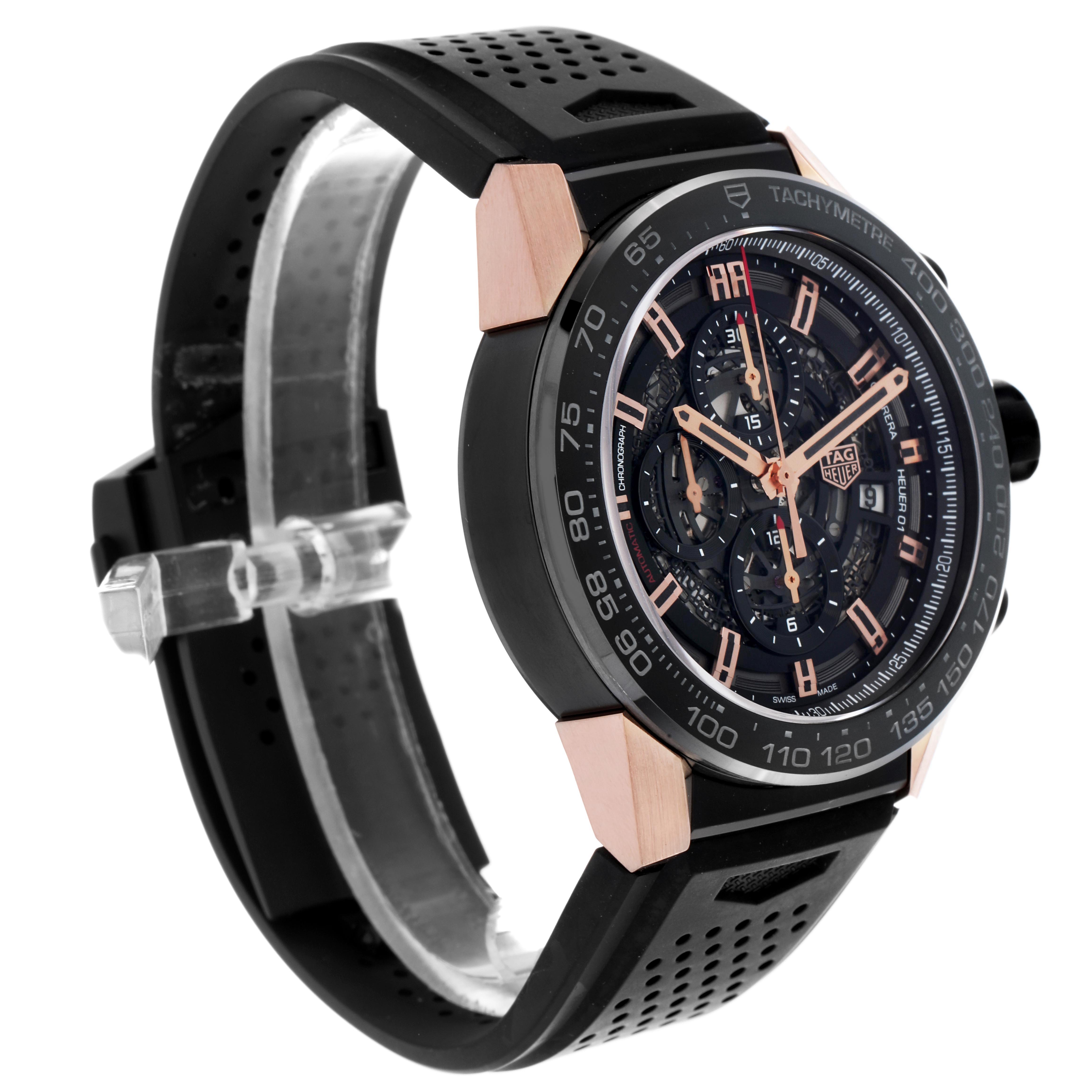 The Tag Heuer Carrera CAR2A5A Men's Titanium Black Dial CAR2A5A Men's Titanium Black Dial watch is shown at a three-quarter angle, highlighting its dial, case, strap, and tachymeter scale.