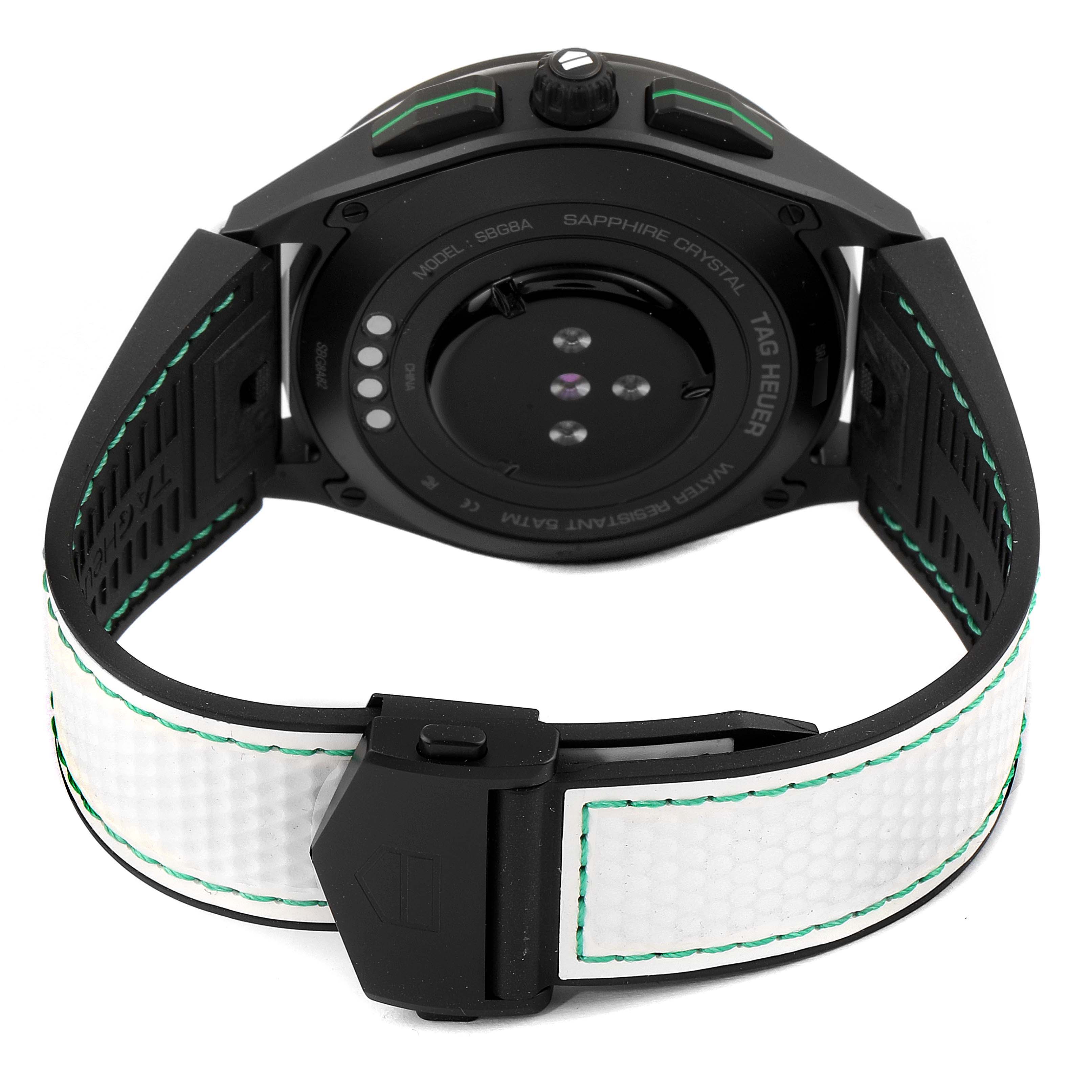 The Tag Heuer Connected SBG8A82.EB0206 Men's Titanium  SBG8A82.EB0206 Men's Titanium  model watch is shown from the back, displaying the rear casing and strap with buckle.