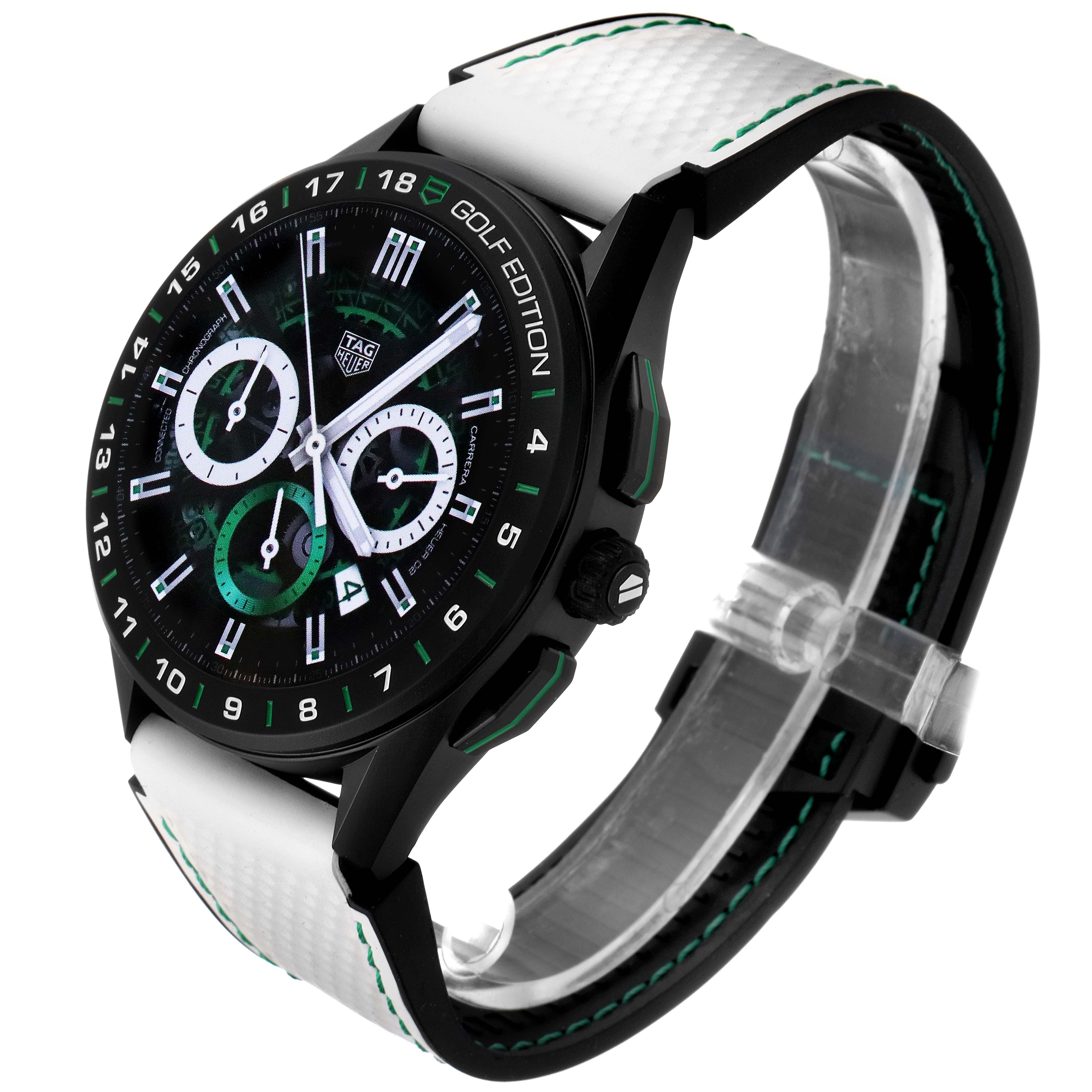 The angle shows a side view of the Tag Heuer Connected SBG8A82.EB0206 Men's Titanium  SBG8A82.EB0206 Men's Titanium  Golf Edition watch, highlighting the face, bezel, and band.