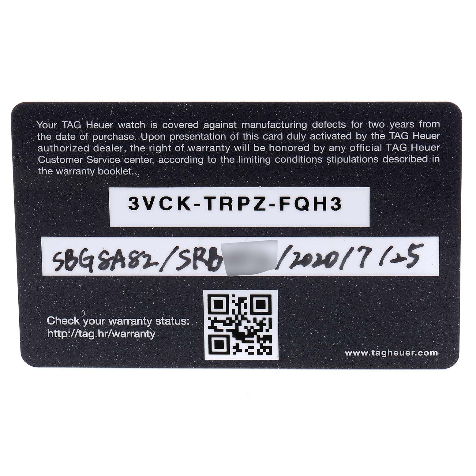 This is a warranty card for the Tag Heuer Connected SBG8A82.EB0206 Men's Titanium  SBG8A82.EB0206 Men's Titanium  model, showing warranty information and a QR code.