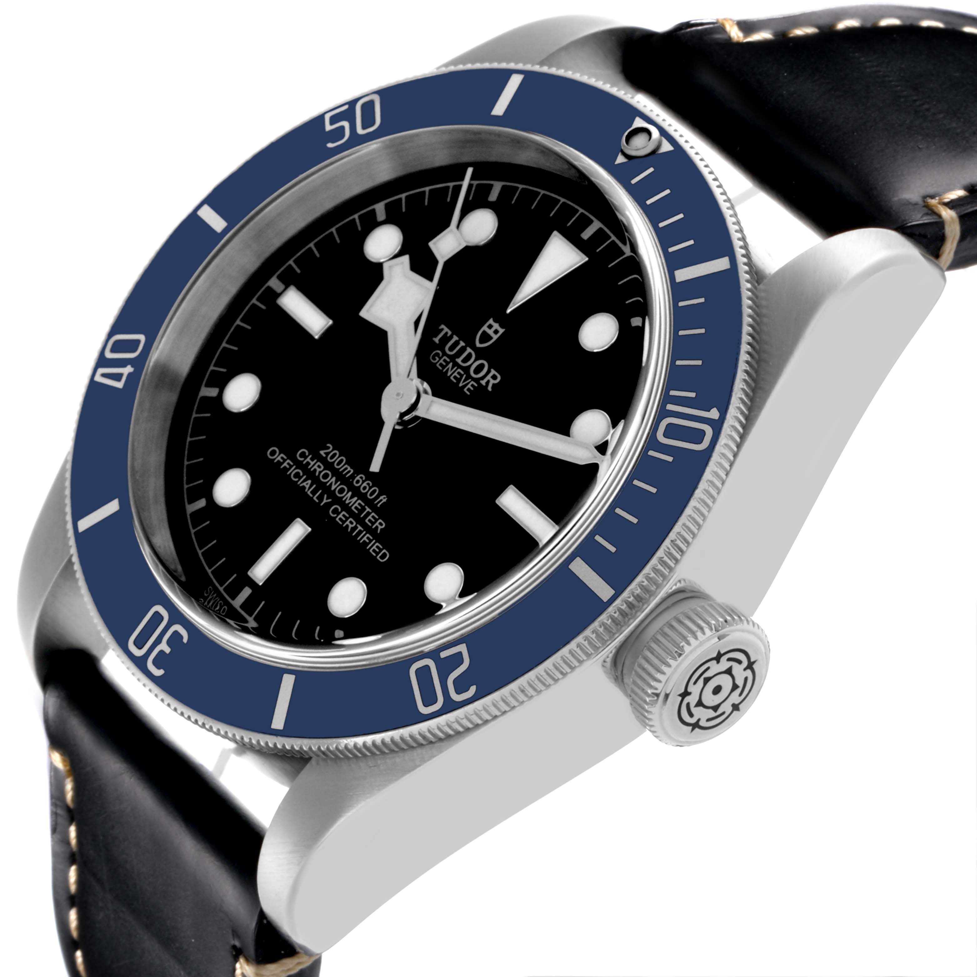The Tudor Heritage Black Bay 79230B Men's Stainless Steel Black Dial 79230B Men's Stainless Steel Black Dial watch is shown at a three-quarter angle, highlighting the bezel, dial, case, crown, and strap.