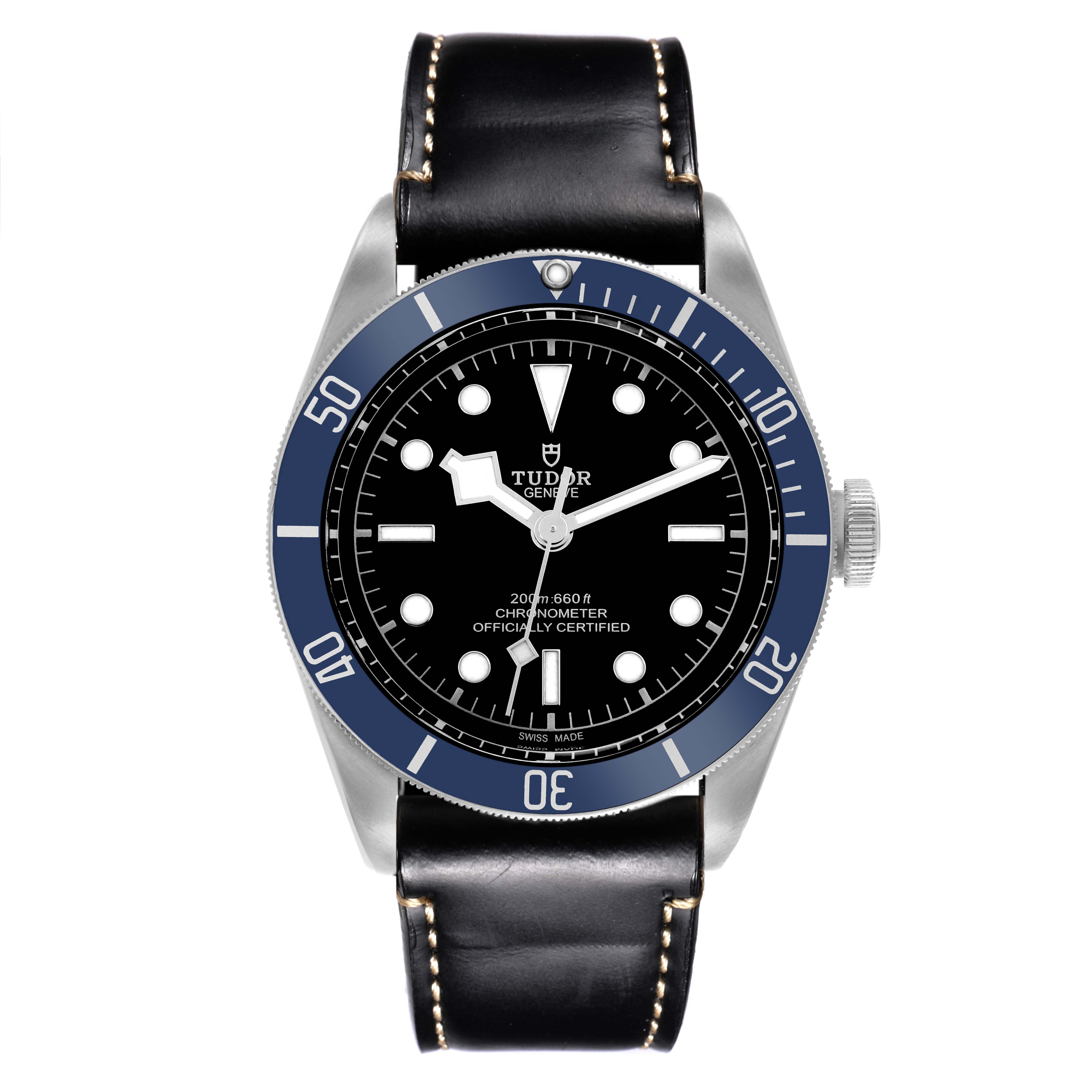 The Tudor Heritage Black Bay 79230B Men's Stainless Steel Black Dial 79230B Men's Stainless Steel Black Dial watch is shown from the front, displaying the face, bezel, and leather strap.