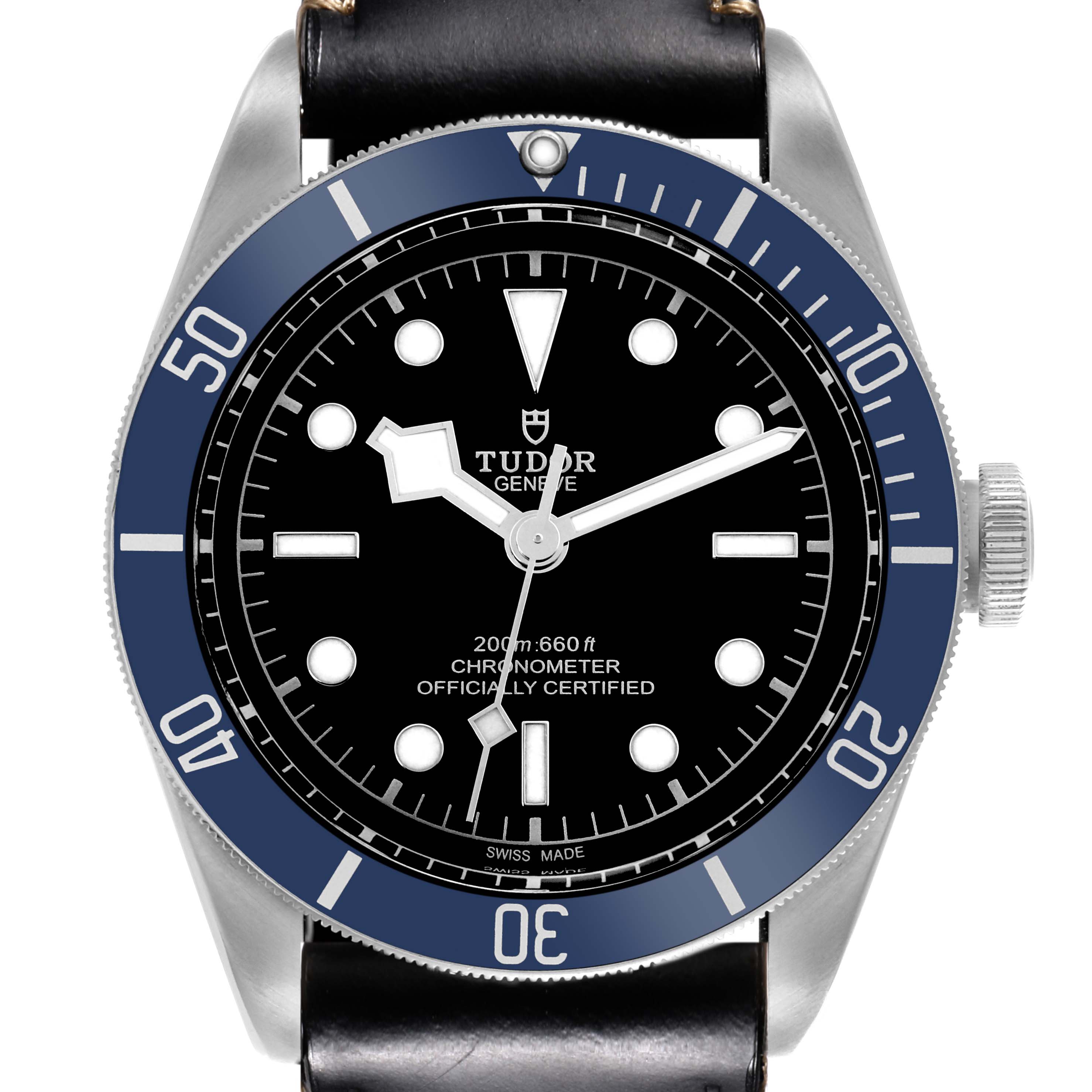 The Tudor Heritage Black Bay 79230B Men's Stainless Steel Black Dial 79230B Men's Stainless Steel Black Dial watch is shown from the front, highlighting its dial, bezel, crown, and strap.