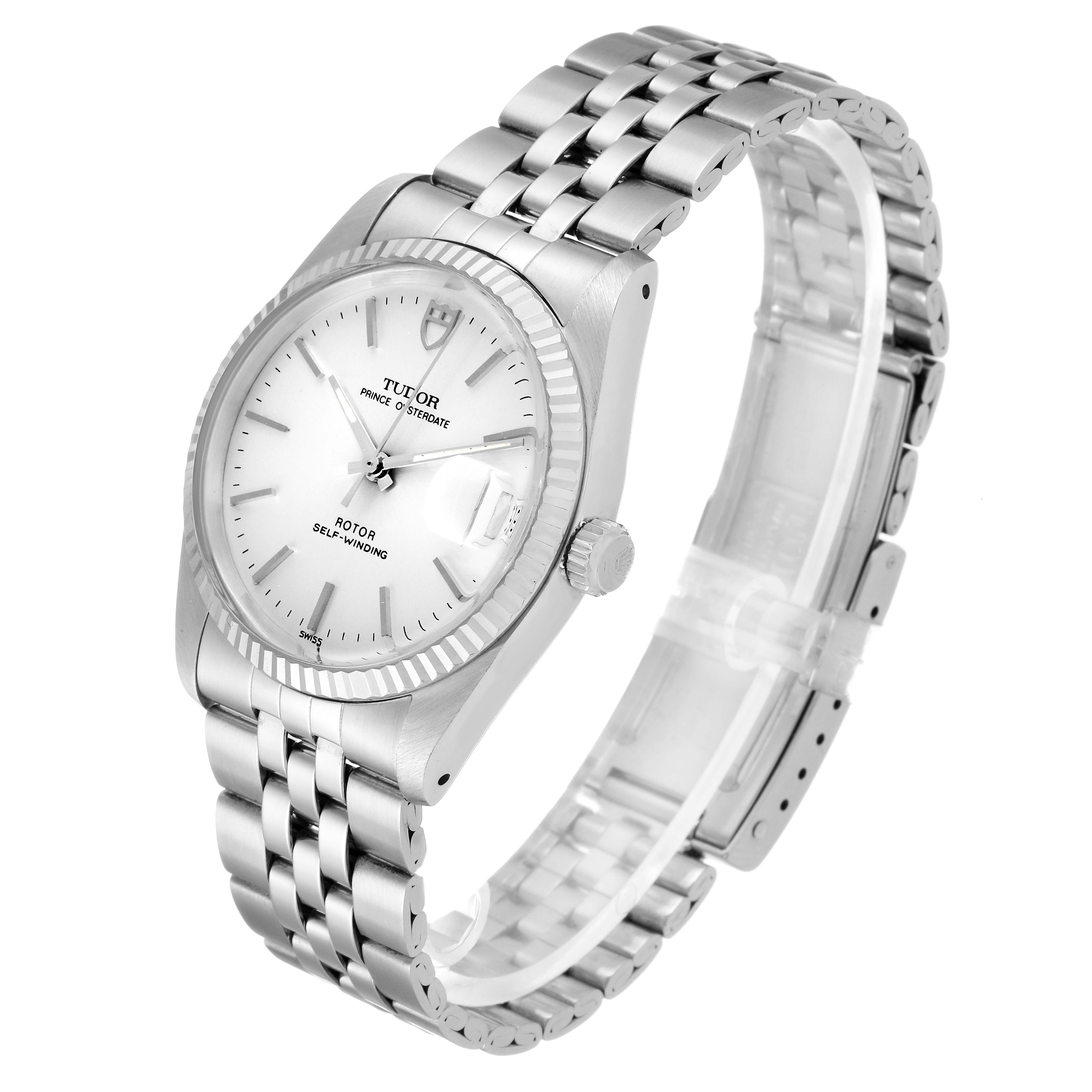 The Tudor Prince 74034 Men's Stainless Steel Silver Dial 74034 Men's Stainless Steel Silver Dial watch is shown at a slight angle, displaying the face, crown, and metal bracelet.