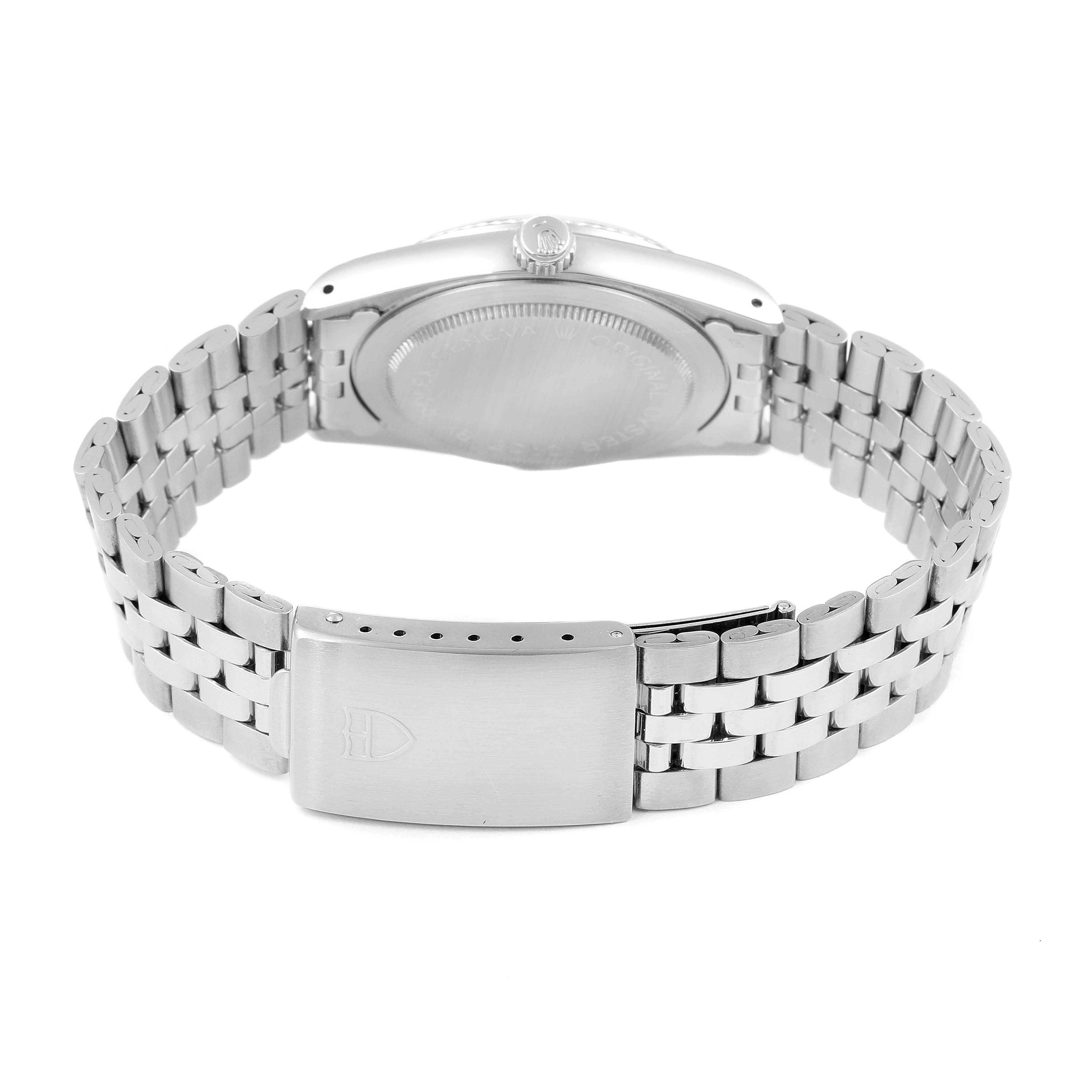 This image shows the rear view of the Tudor Prince 74034 Men's Stainless Steel Silver Dial 74034 Men's Stainless Steel Silver Dial model watch, featuring its stainless steel case back and bracelet clasp.