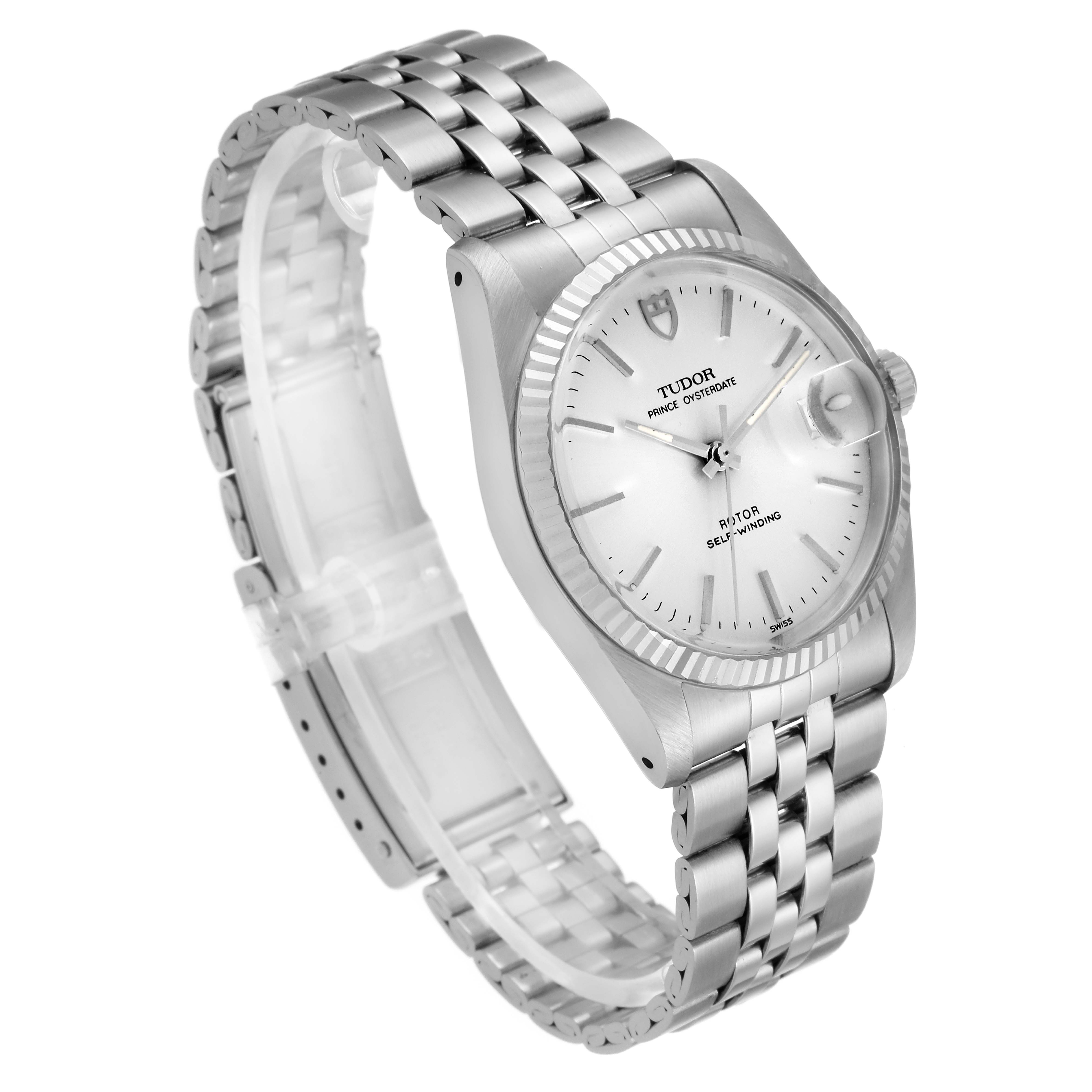 The Tudor Prince 74034 Men's Stainless Steel Silver Dial 74034 Men's Stainless Steel Silver Dial watch is shown at a three-quarter angle, displaying its face, bezel, crown, bracelet, and clasp.