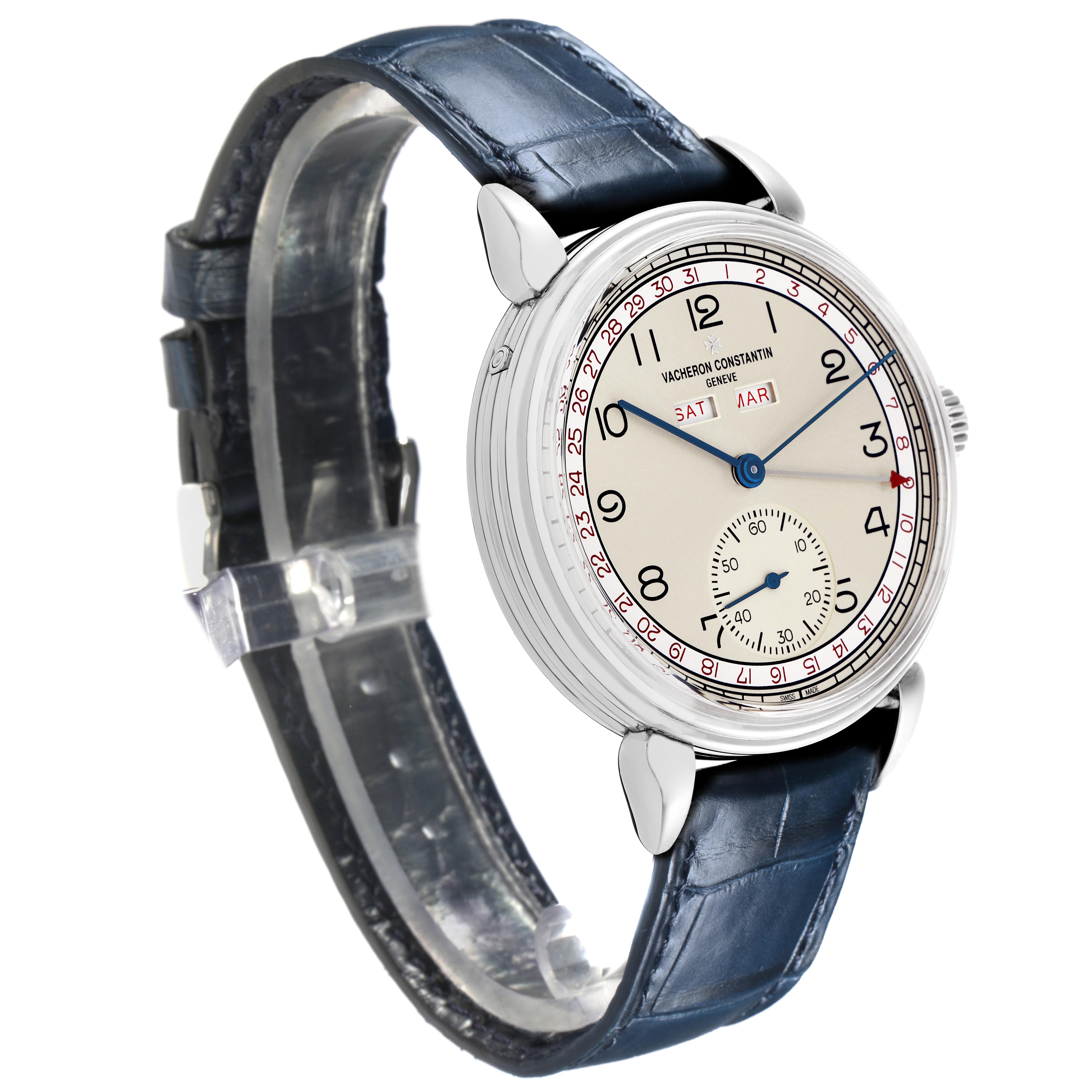 The Vacheron Constantin Historiques 3110V/000A-B425 Men's Stainless Steel Silver Dial 3110V/000A-B425 Men's Stainless Steel Silver Dial watch is shown at a three-quarter angle, displaying the face, dial, crown, lugs, and leather strap.