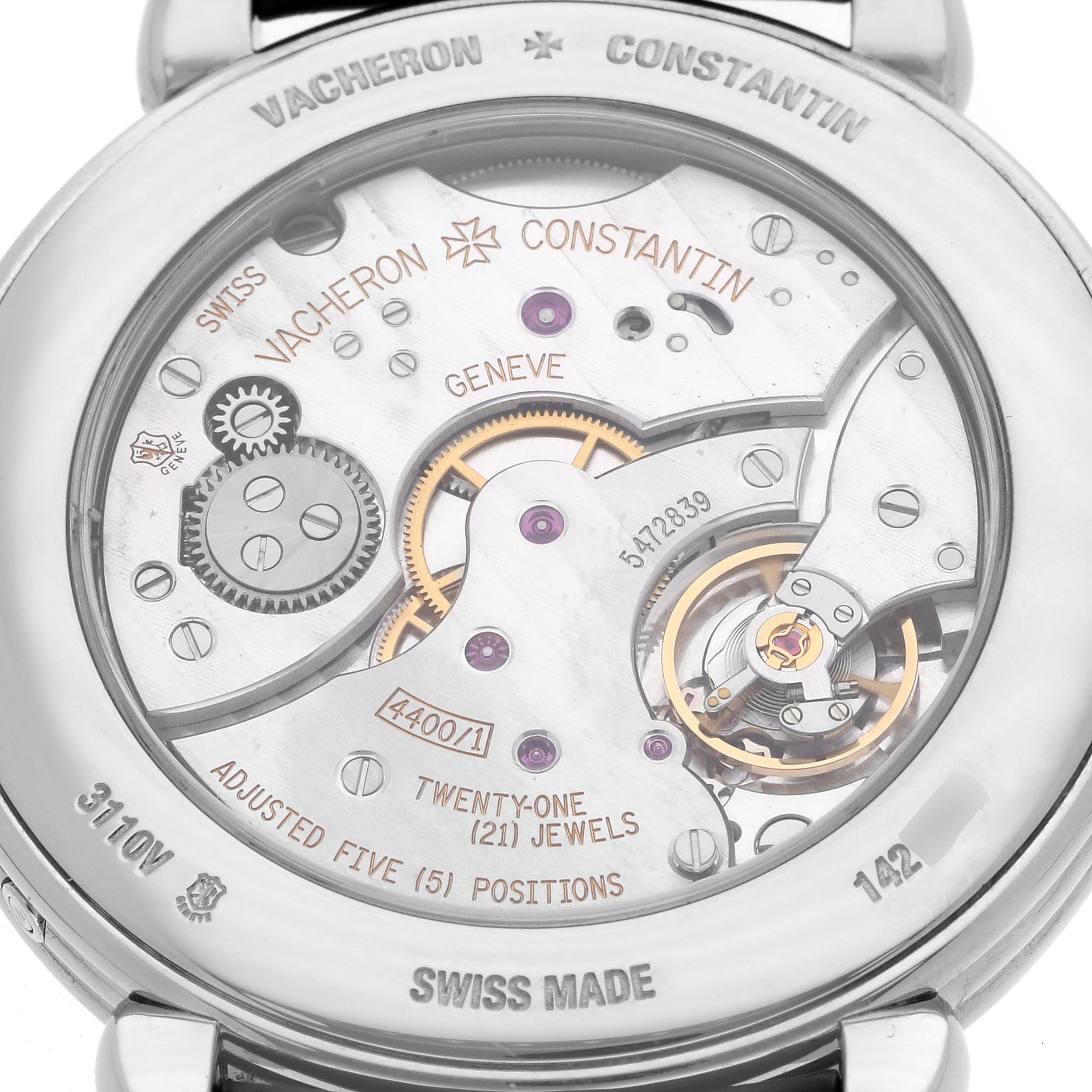The image shows the case back of a Vacheron Constantin Historiques 3110V/000A-B425 Men's Stainless Steel Silver Dial 3110V/000A-B425 Men's Stainless Steel Silver Dial watch, highlighting the movement and internal mechanics.