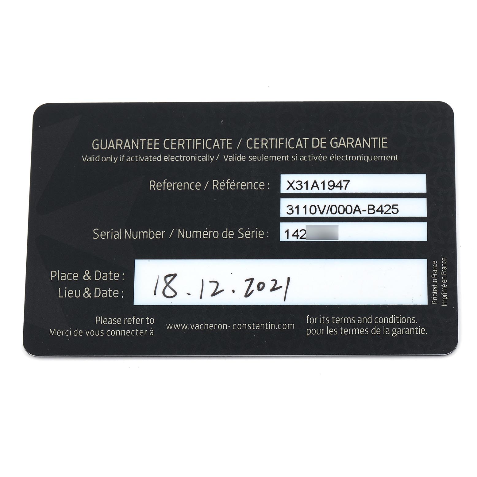 The image shows a guarantee certificate for a Vacheron Constantin Historiques 3110V/000A-B425 Men's Stainless Steel Silver Dial 3110V/000A-B425 Men's Stainless Steel Silver Dial model watch.