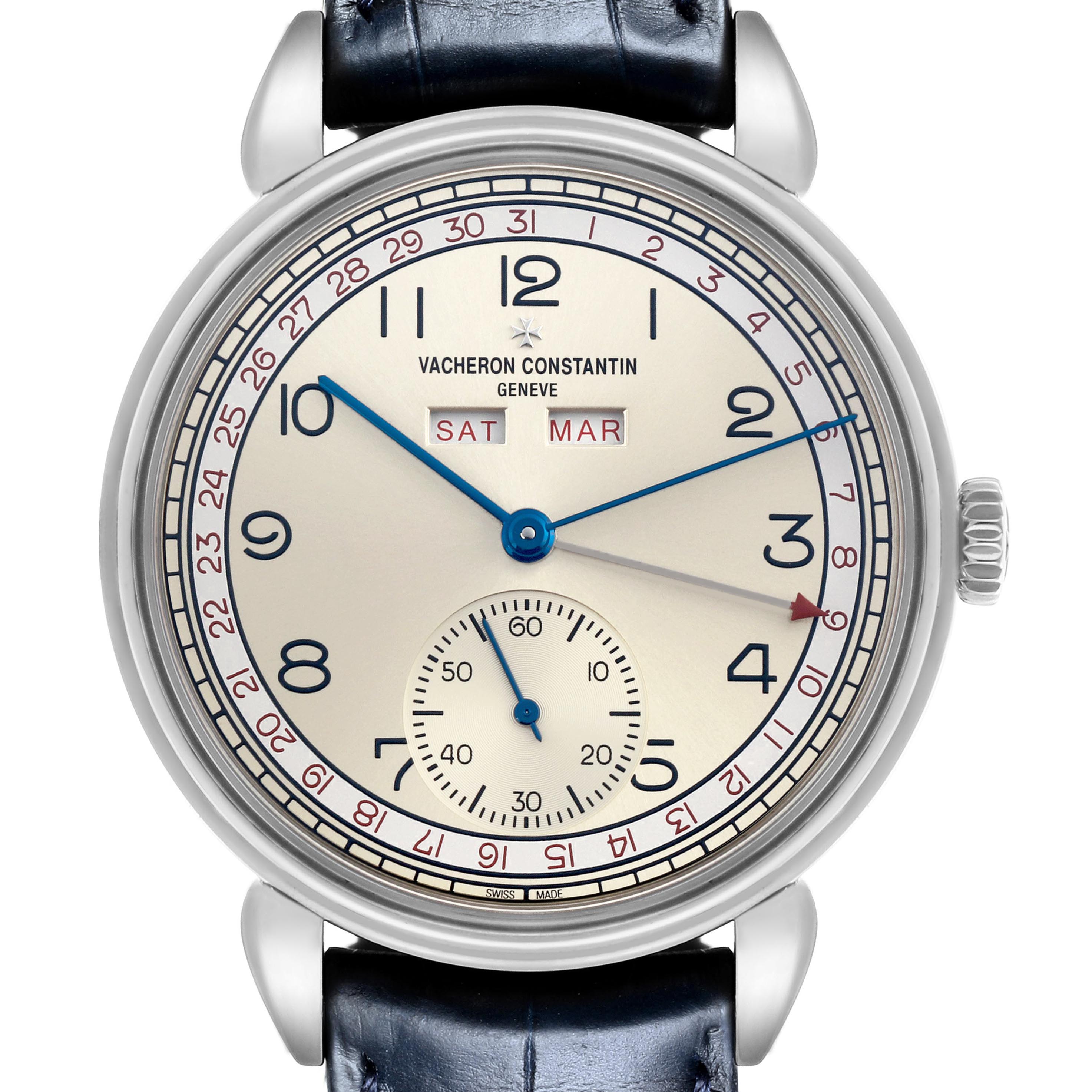 The image shows a front view of the Vacheron Constantin Historiques 3110V/000A-B425 Men's Stainless Steel Silver Dial 3110V/000A-B425 Men's Stainless Steel Silver Dial watch, displaying its dial, calendar, and crown.