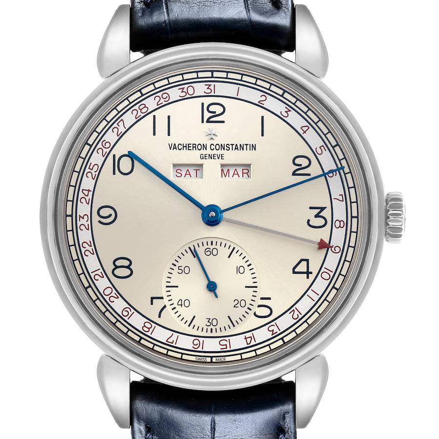 The image shows a front view of the Vacheron Constantin Historiques watch, displaying its dial, calendar, and crown.