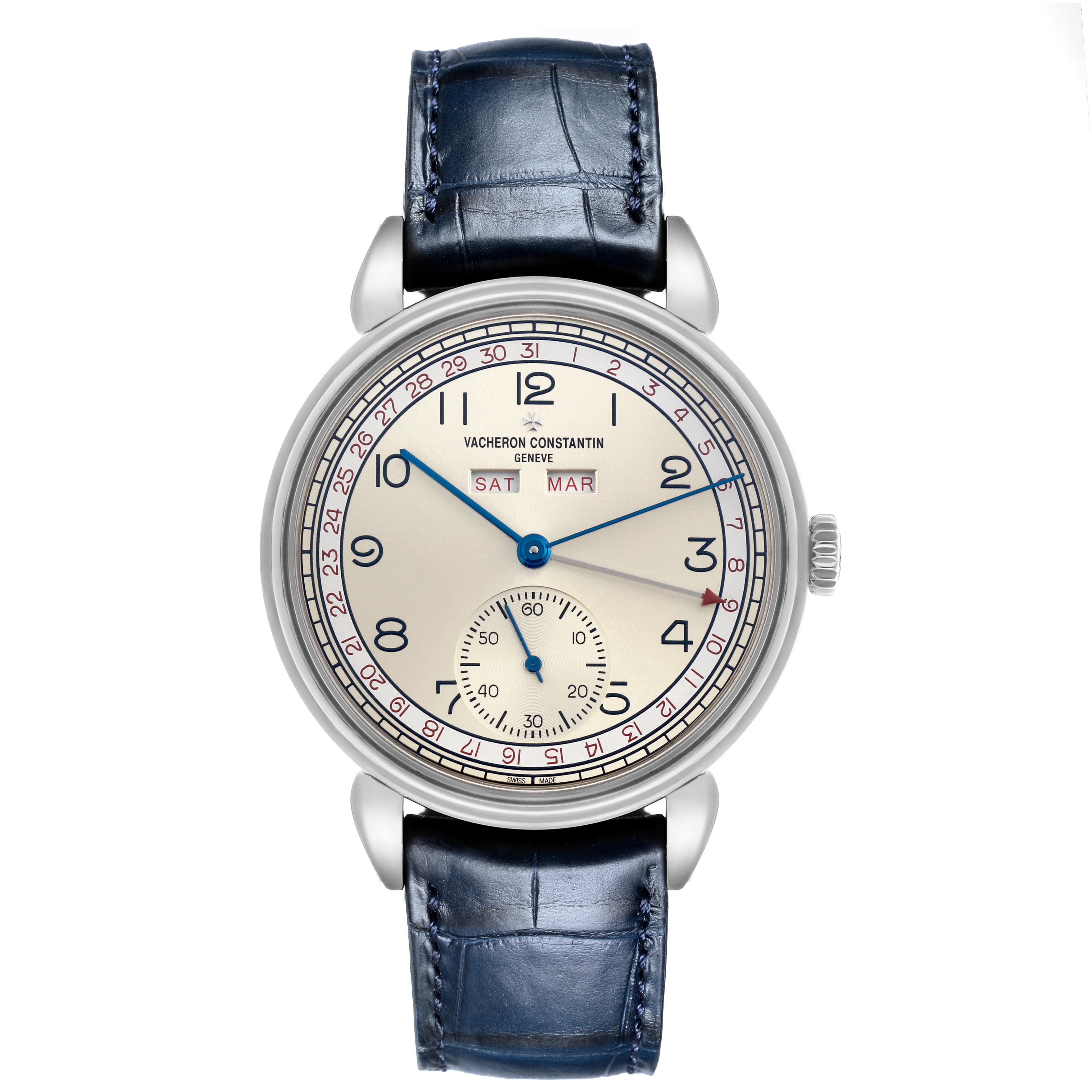 The Vacheron Constantin Historiques 3110V/000A-B425 Men's Stainless Steel Silver Dial 3110V/000A-B425 Men's Stainless Steel Silver Dial watch is shown from the front, featuring a blue leather strap and a detailed dial with sub-dials.