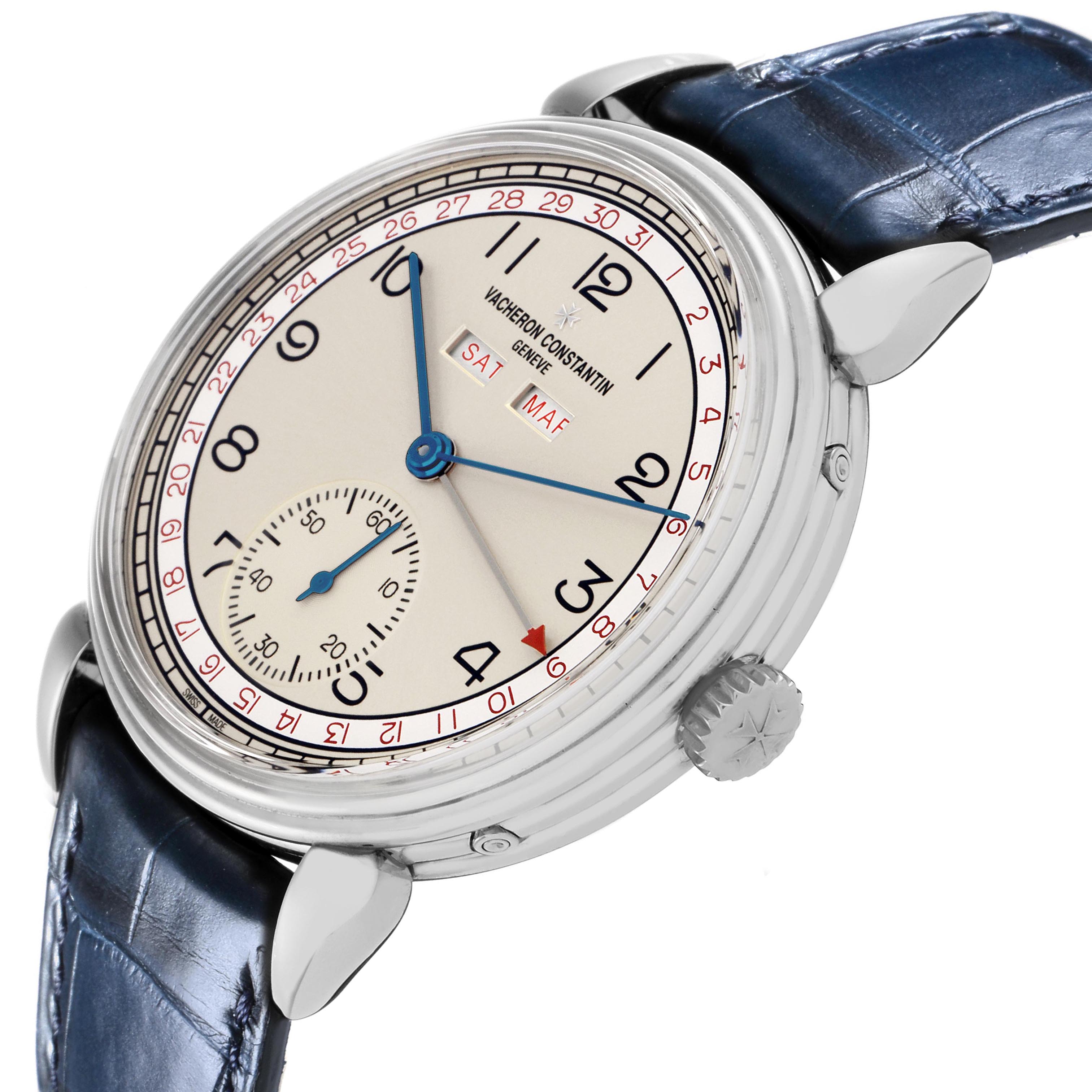 The Vacheron Constantin Historiques 3110V/000A-B425 Men's Stainless Steel Silver Dial 3110V/000A-B425 Men's Stainless Steel Silver Dial watch is shown at a three-quarter angle, displaying the dial, crown, and blue leather strap.