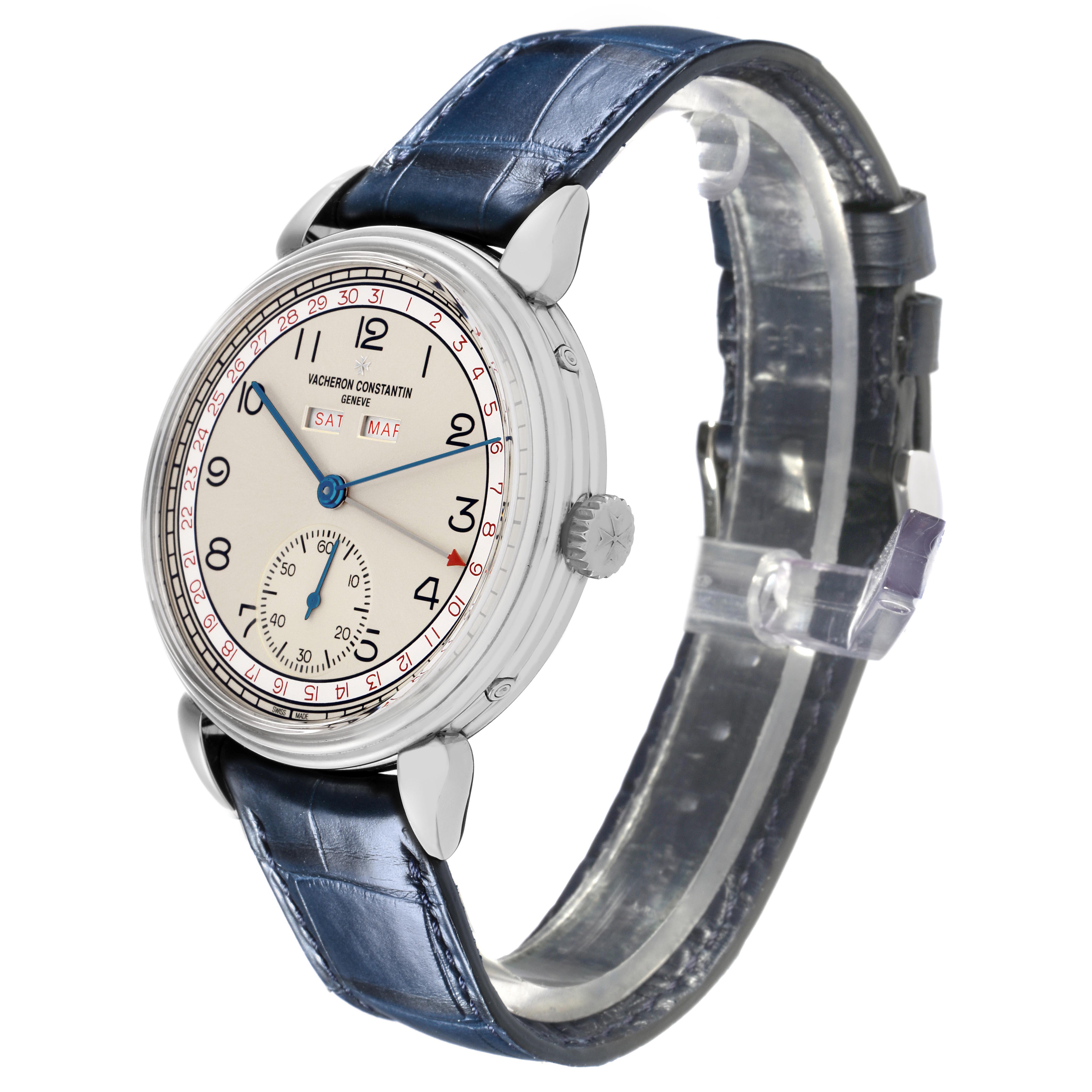 The Vacheron Constantin Historiques 3110V/000A-B425 Men's Stainless Steel Silver Dial 3110V/000A-B425 Men's Stainless Steel Silver Dial watch is shown at a three-quarter angle, displaying the dial, blue leather strap, and side profile.