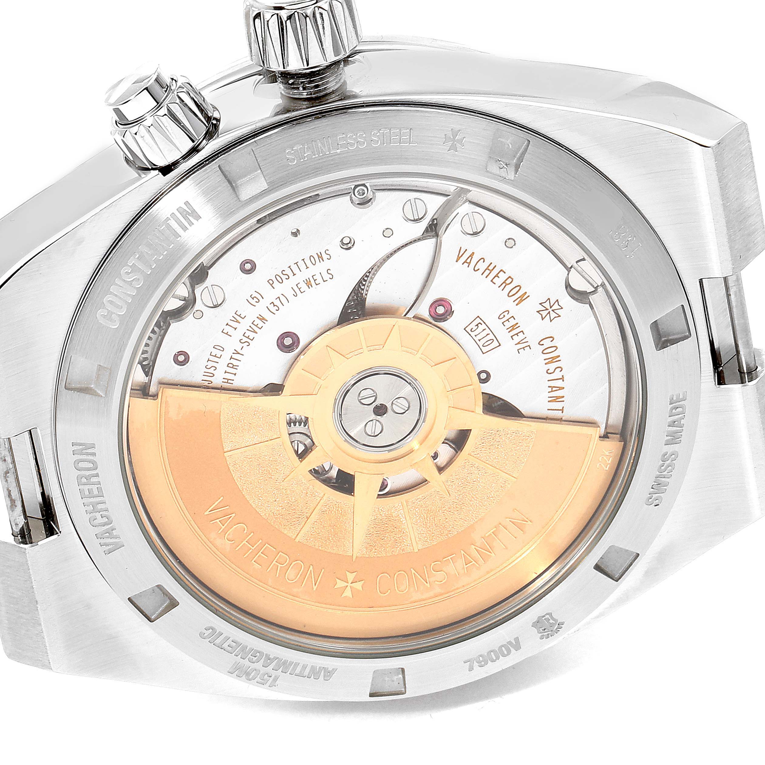 This image shows the back of the Vacheron Constantin Overseas 7900V/110A-B334 Men's Stainless Steel Blue Dial 7900V/110A-B334 Men's Stainless Steel Blue Dial watch, highlighting its exposed rotor and internal components.