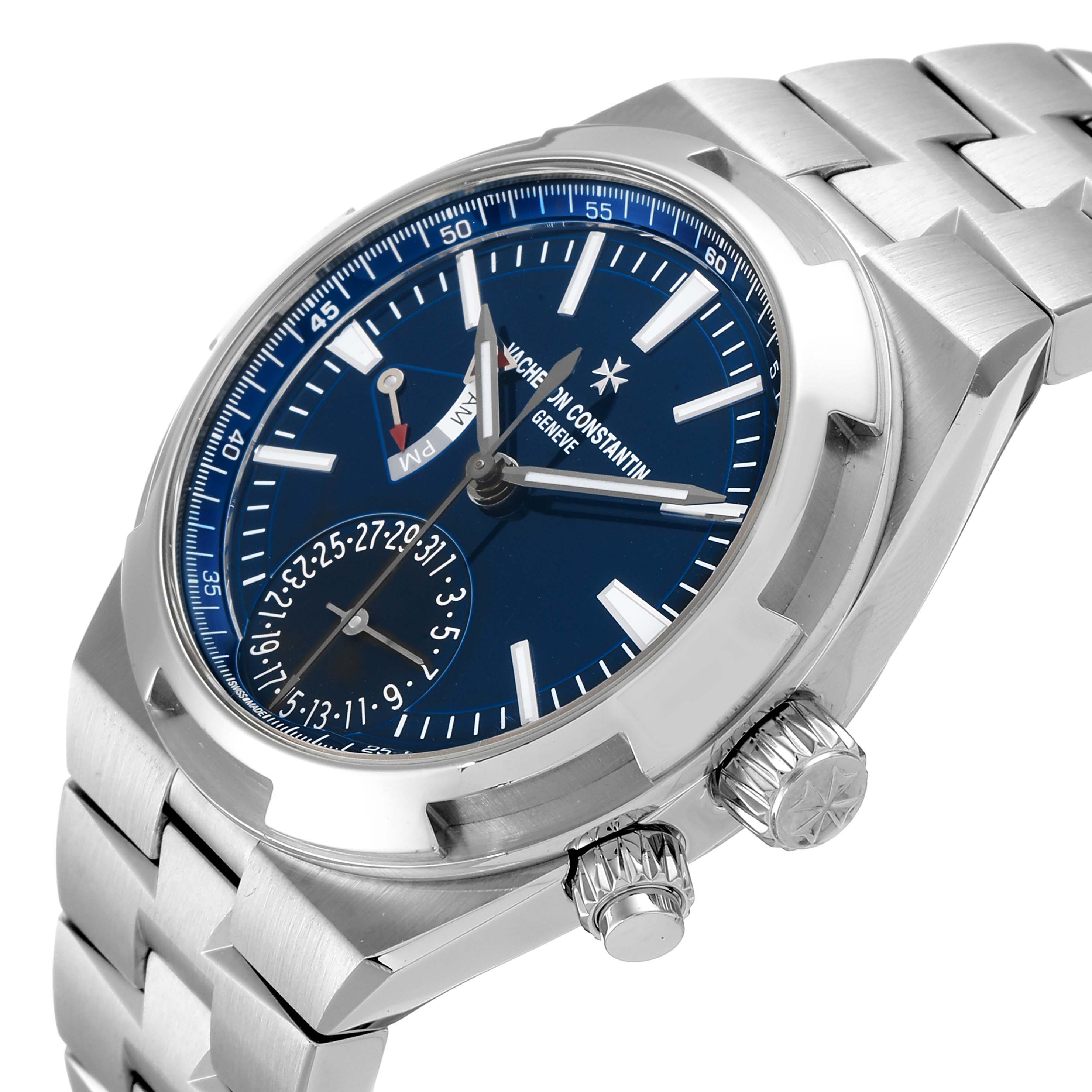 The Vacheron Constantin Overseas 7900V/110A-B334 Men's Stainless Steel Blue Dial 7900V/110A-B334 Men's Stainless Steel Blue Dial watch is shown at an angle highlighting its blue dial, stainless steel case, and bracelet.