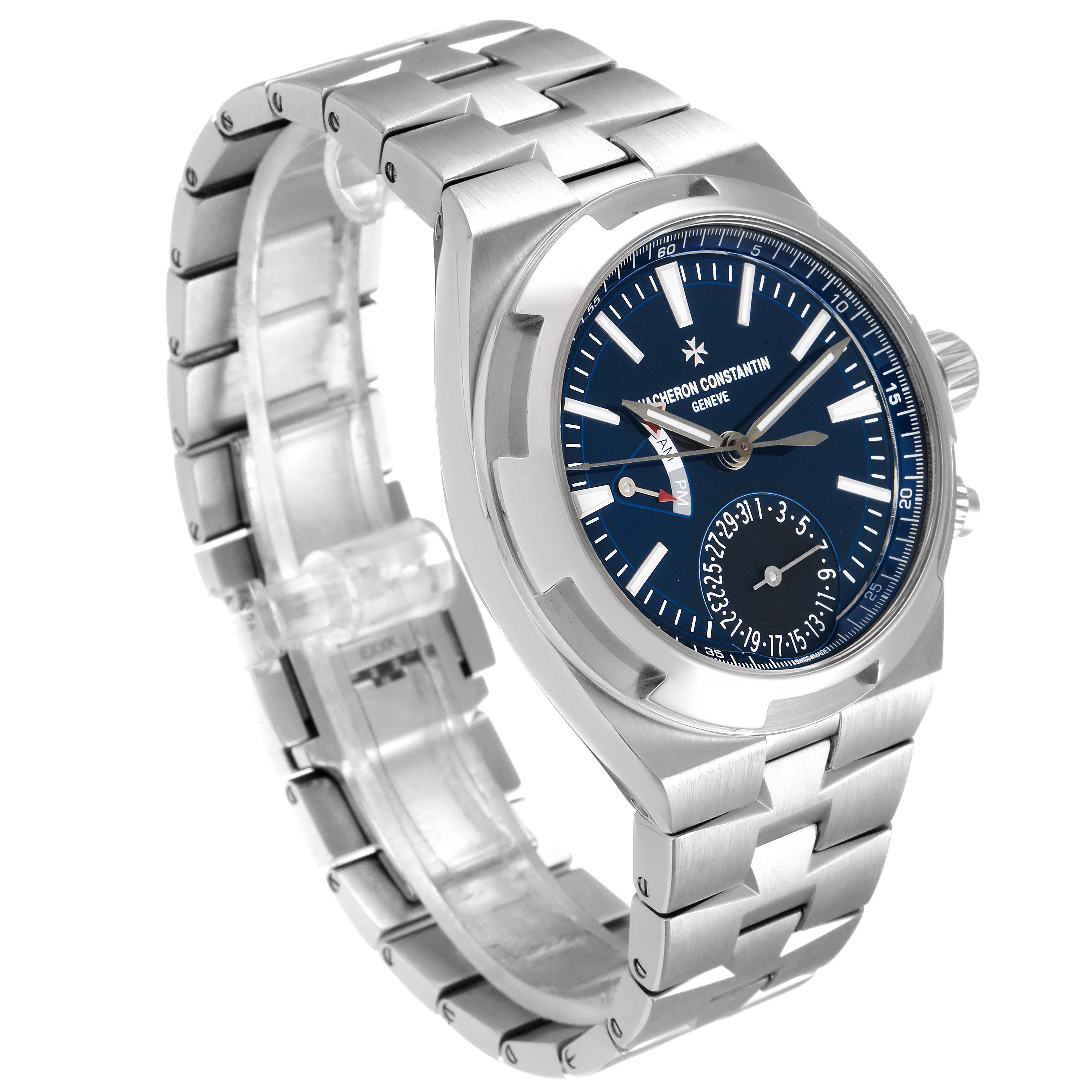 This Vacheron Constantin Overseas 7900V/110A-B334 Men's Stainless Steel Blue Dial 7900V/110A-B334 Men's Stainless Steel Blue Dial watch is shown at a slight angled view, highlighting the face, bezel, crown, and bracelet.