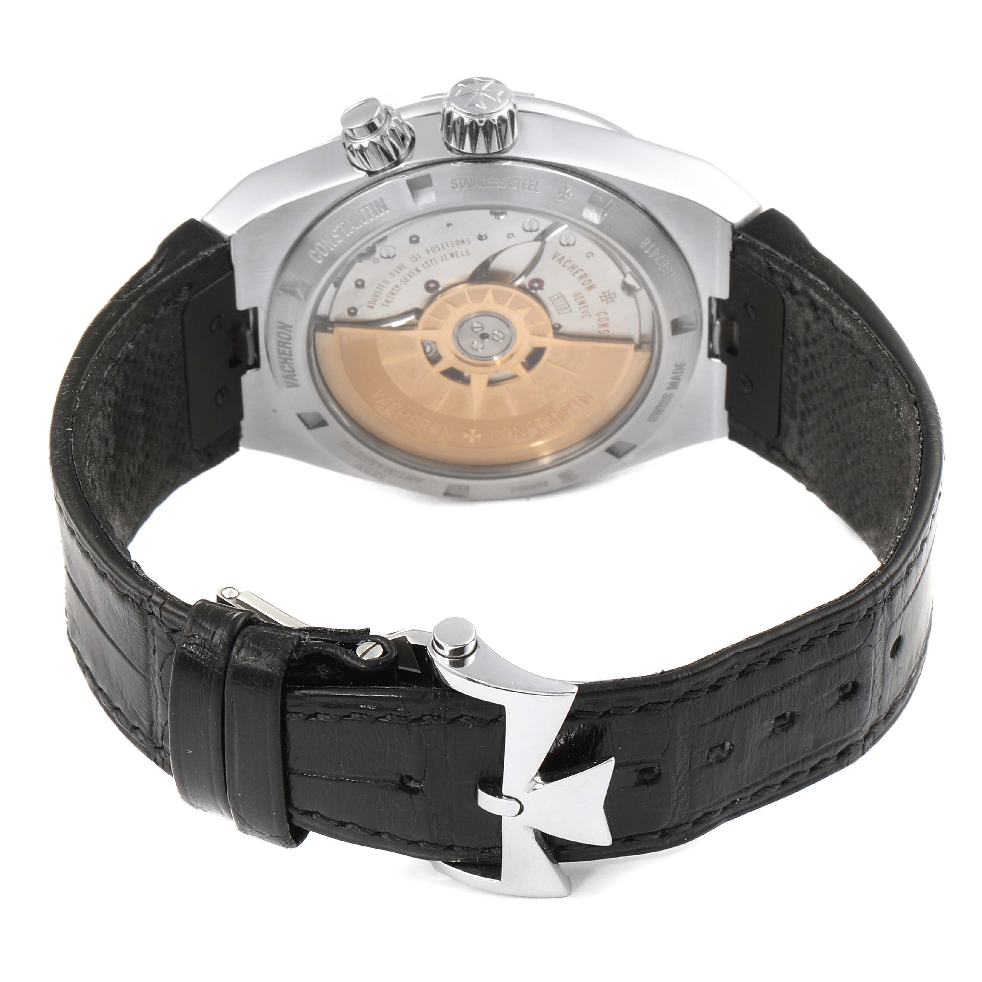 This image shows the back view of the Vacheron Constantin Overseas 7900V/110A-B334 Men's Stainless Steel Blue Dial 7900V/110A-B334 Men's Stainless Steel Blue Dial model watch, highlighting its movement and black leather strap.