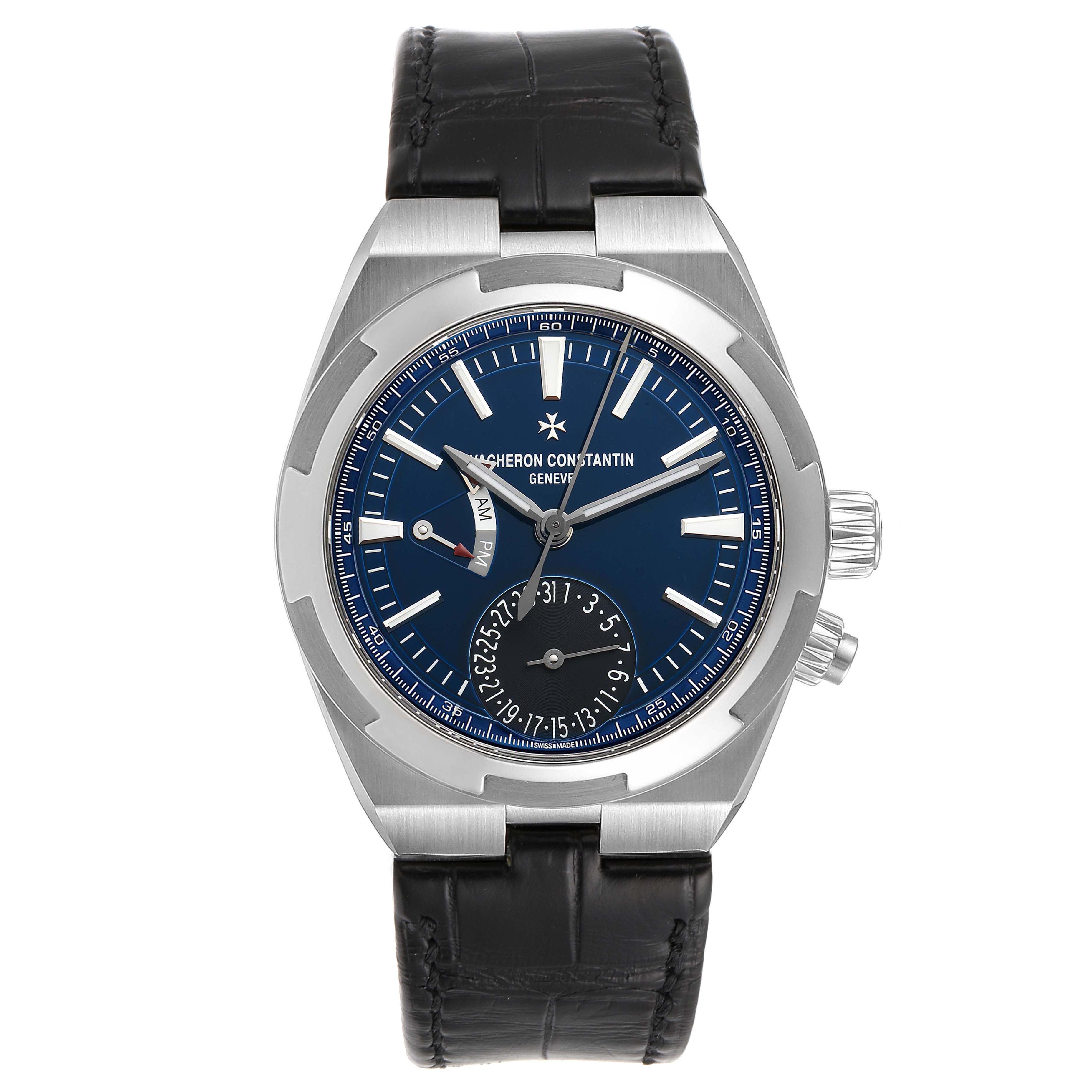 The Vacheron Constantin Overseas 7900V/110A-B334 Men's Stainless Steel Blue Dial 7900V/110A-B334 Men's Stainless Steel Blue Dial watch is depicted from a top view, showing its face, crown, and leather strap.