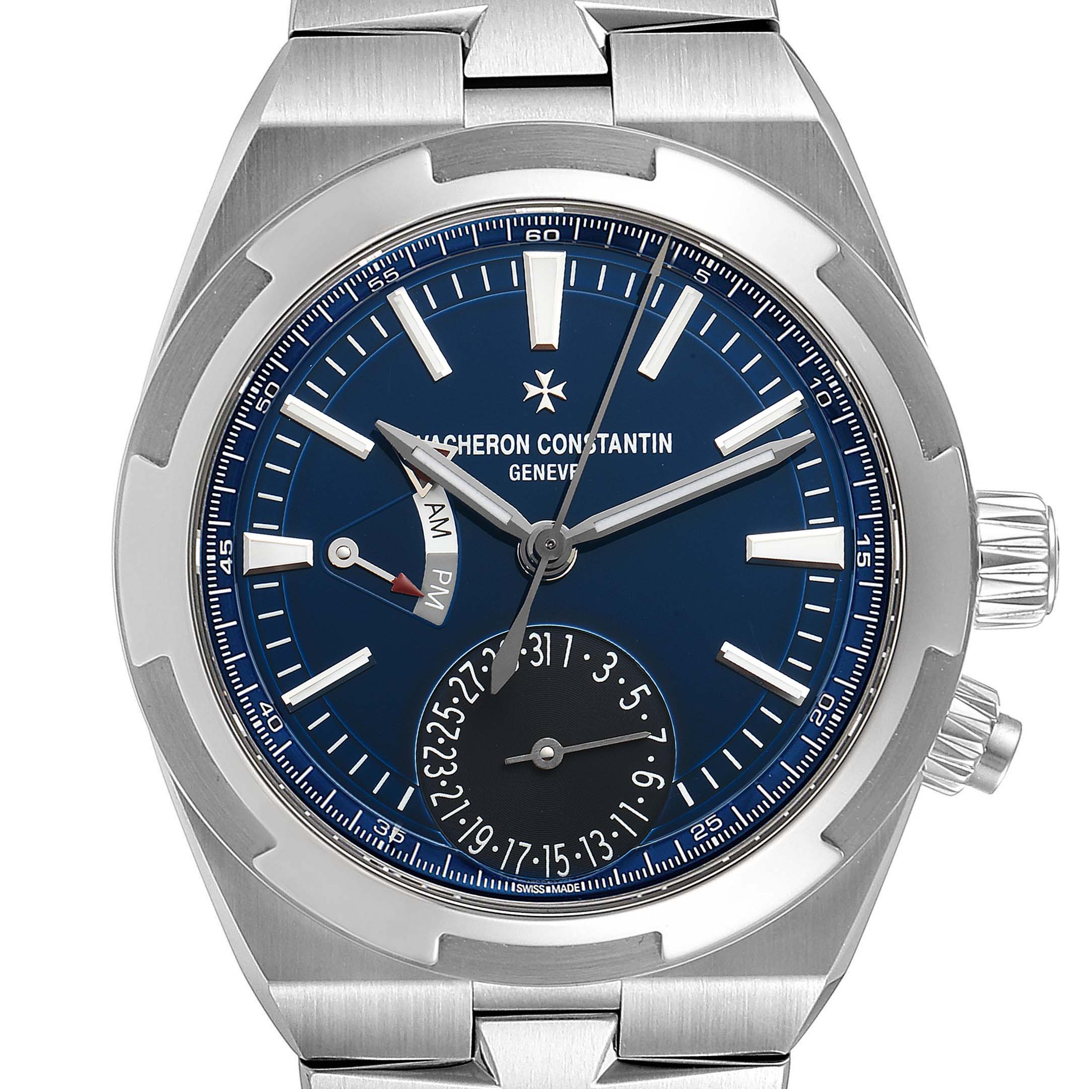 This Vacheron Constantin Overseas 7900V/110A-B334 Men's Stainless Steel Blue Dial 7900V/110A-B334 Men's Stainless Steel Blue Dial model watch displays the face, bezel, case, and part of the bracelet from a front angle.