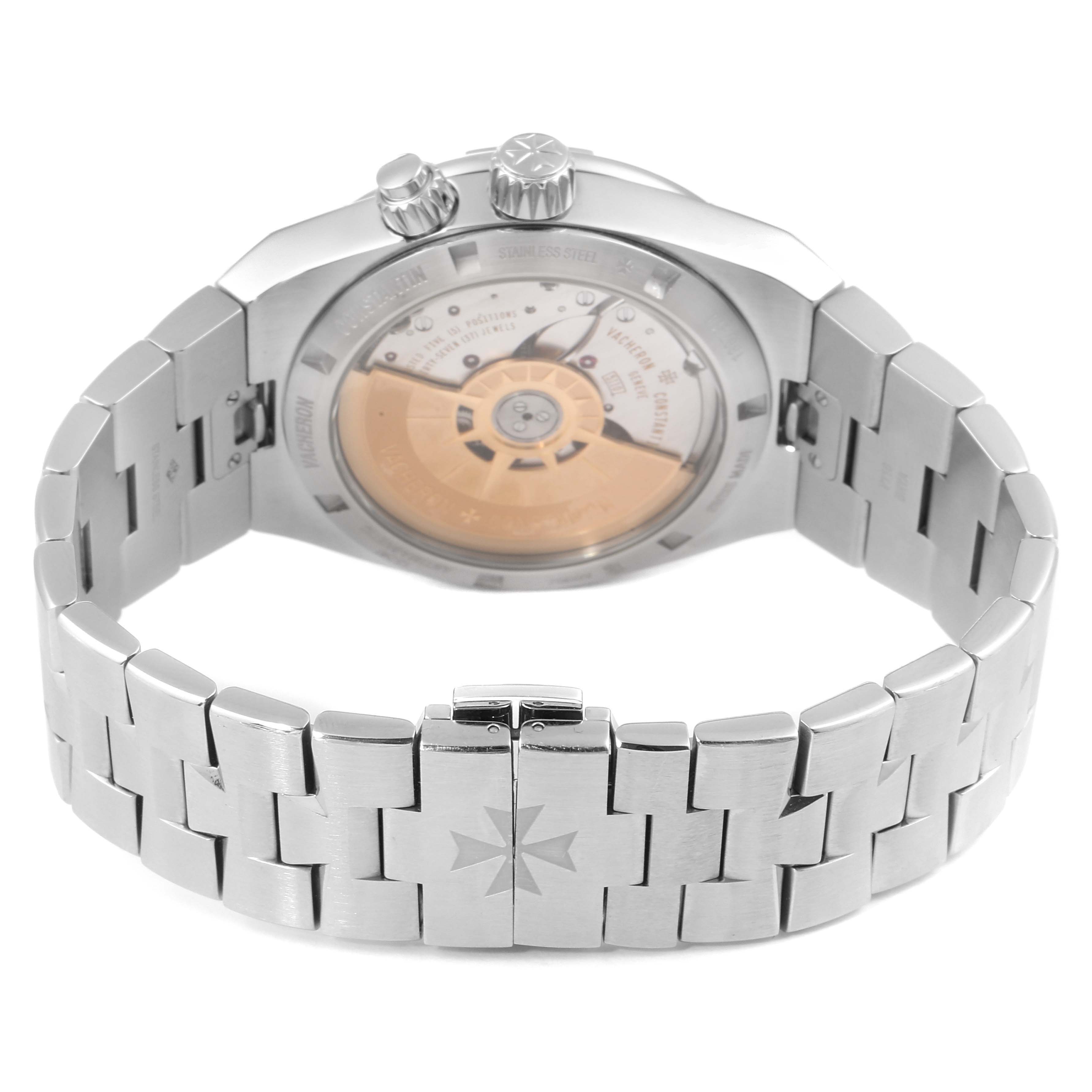 The Vacheron Constantin Overseas 7900V/110A-B334 Men's Stainless Steel Blue Dial 7900V/110A-B334 Men's Stainless Steel Blue Dial model is shown from the back, highlighting its movement and bracelet.