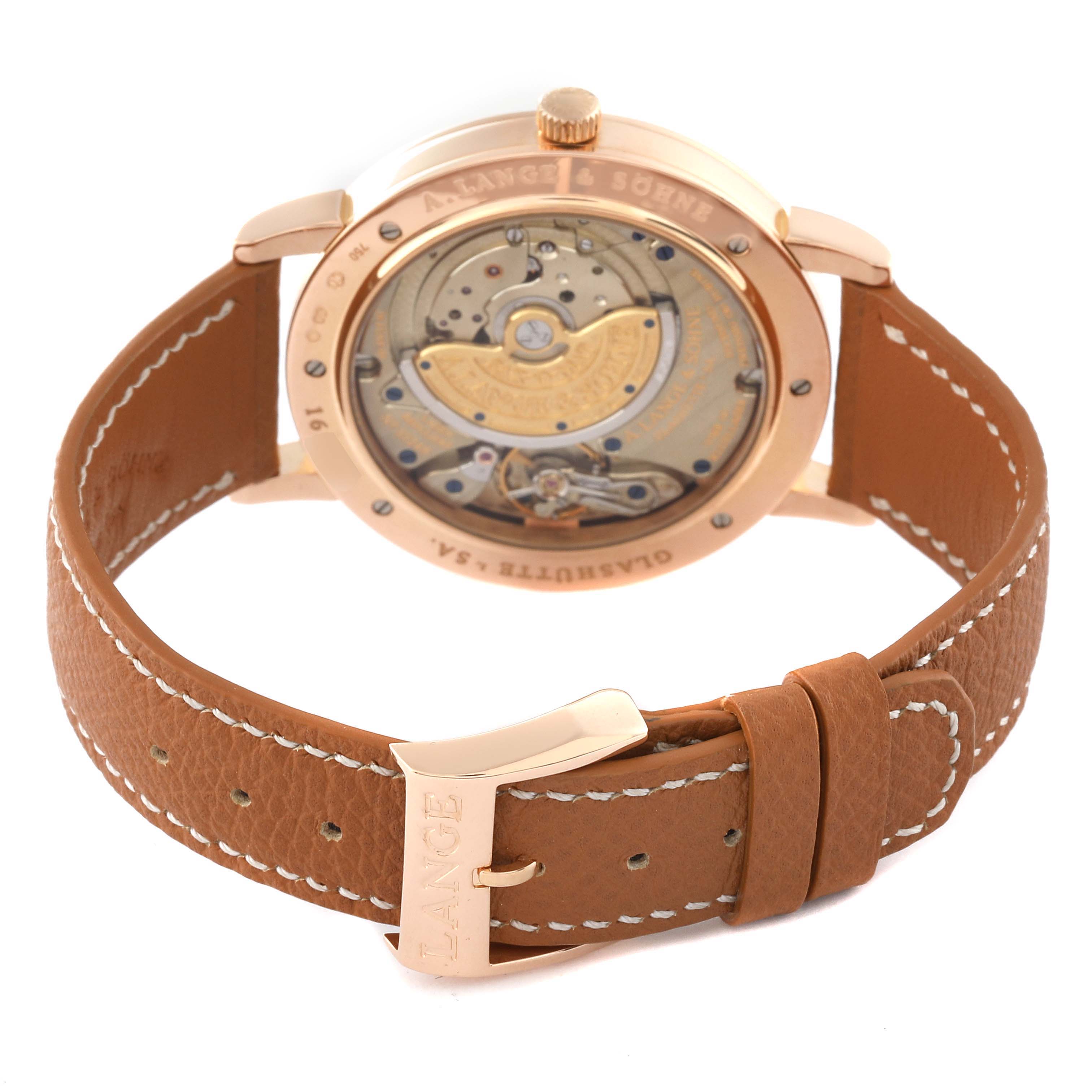 The image shows the back view of the Saxonia model watch by A. Lange 
Söhne, displaying the movement and leather strap.