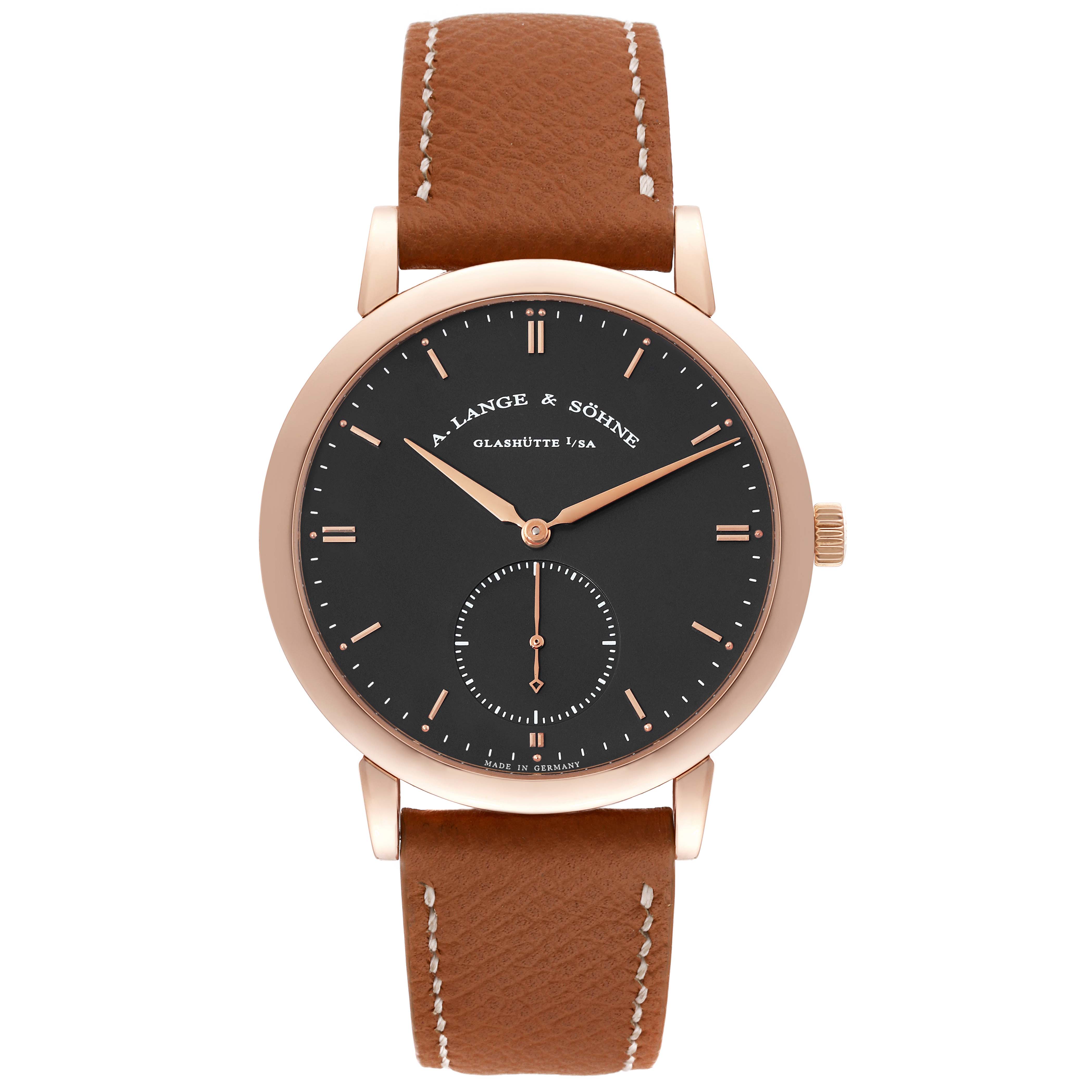 The image shows a front view of the Saxonia model by A. Lange 
Söhne, highlighting the watch face, hands, and leather strap.