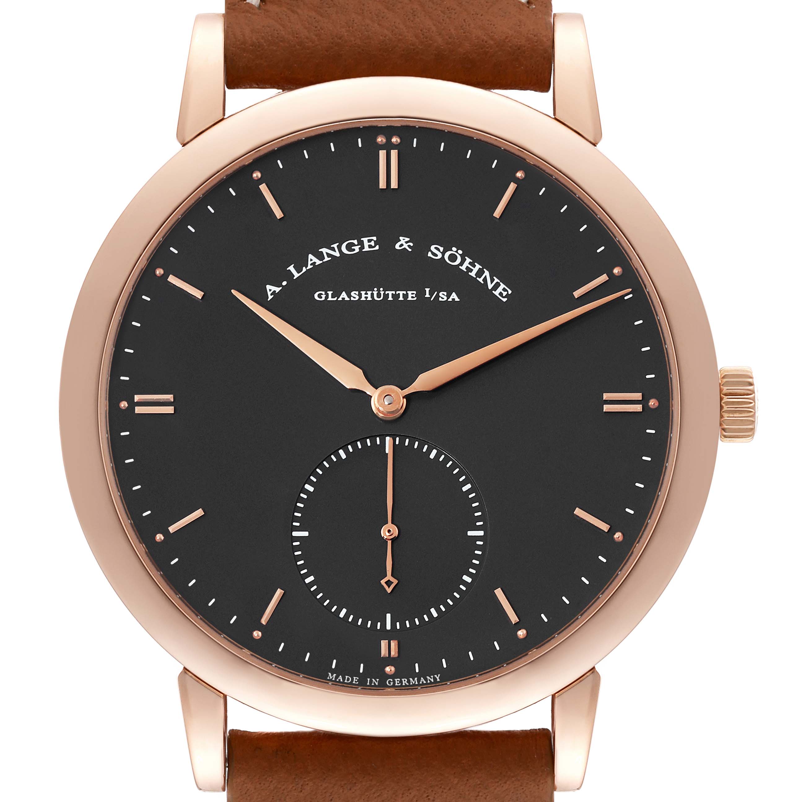The image shows a front view of the A. Lange 
Sohne Saxonia 307.033 Men
s Rose Gold Grey Dial watch, highlighting the black dial, rose gold case, and brown leather strap.