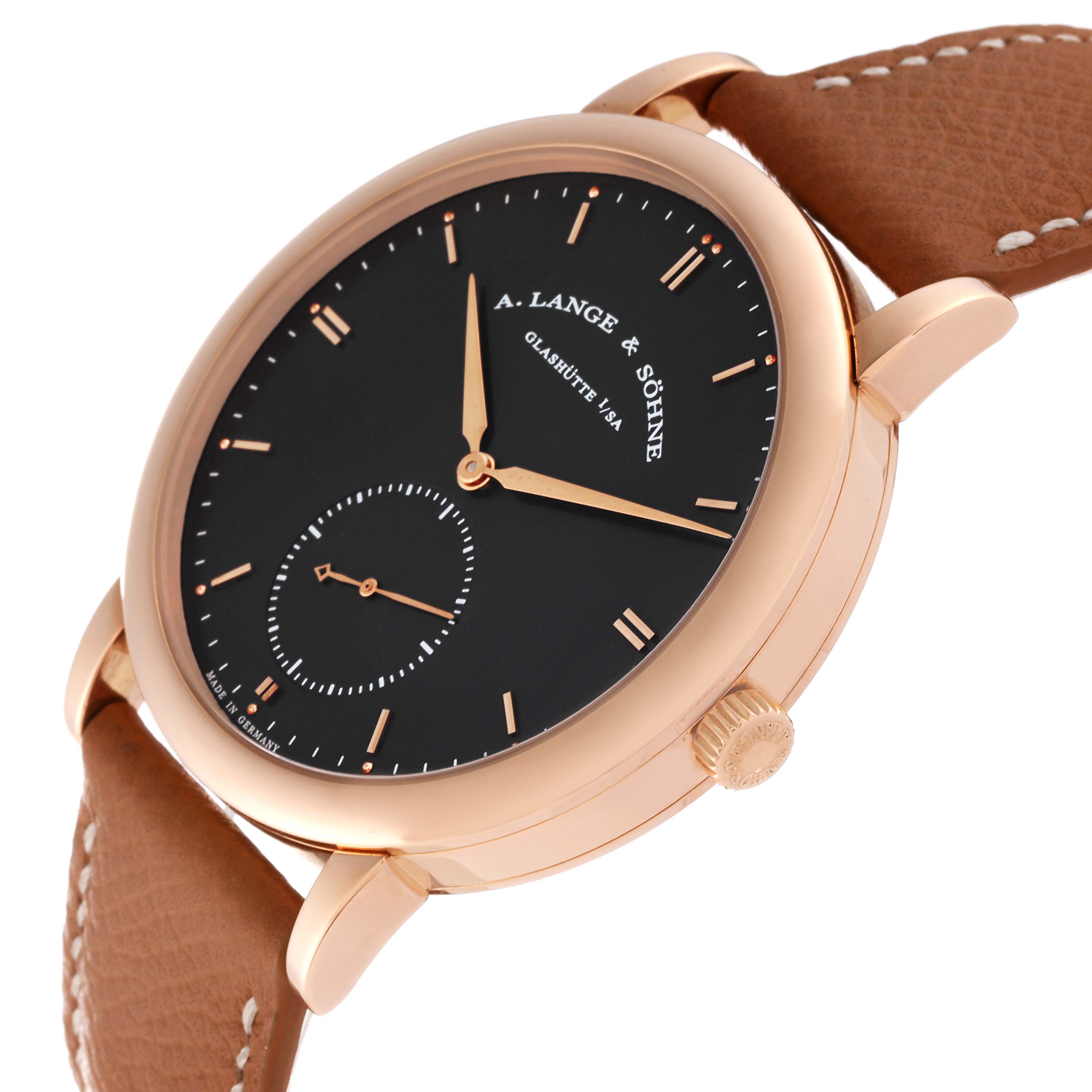 The image shows an angled view of the A. Lange 
Sohne Saxonia 307.033 Men
s Rose Gold Grey Dial watch, highlighting its face, crown, and brown leather strap.