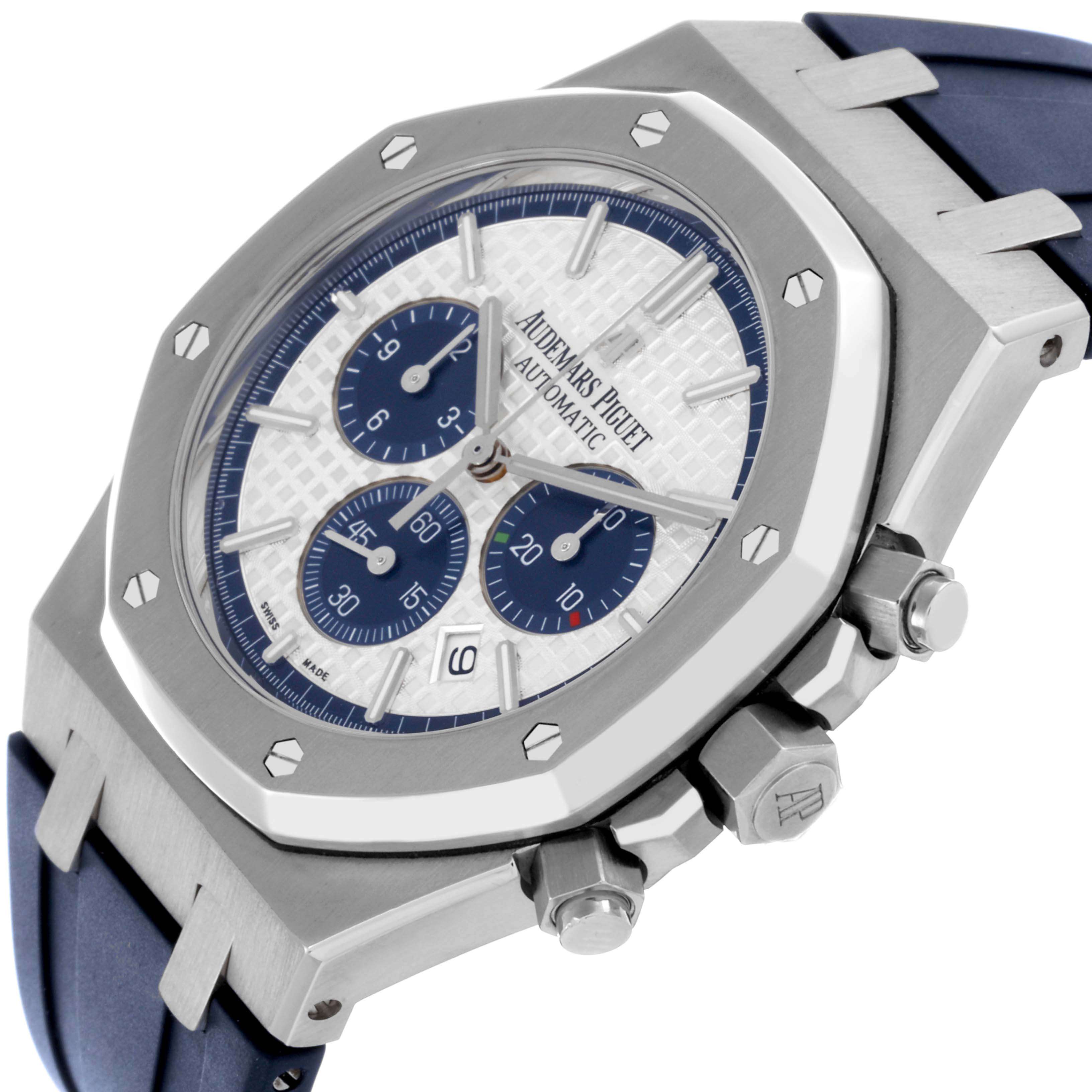 The Royal Oak by Audemars Piguet is shown at an angle highlighting the case, bezel, dial, subdials, and pushers.