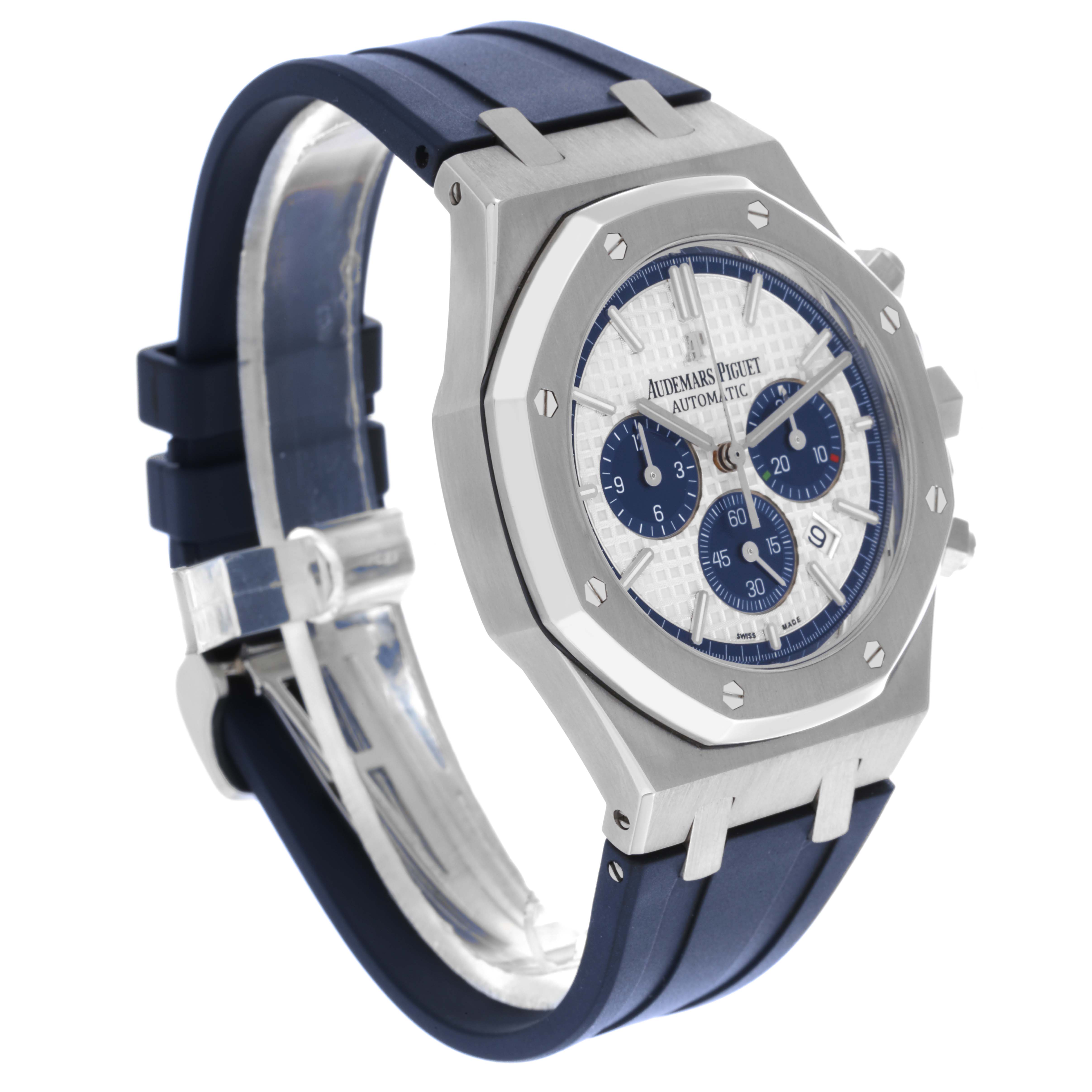 The Audemars Piguet Royal Oak 26326ST.OO.D027CA.01 Men's Stainless Steel White Dial 26326ST.OO.D027CA.01 Men's Stainless Steel White Dial watch is shown at a three-quarter angle, displaying the face, bezel, buttons, and strap.