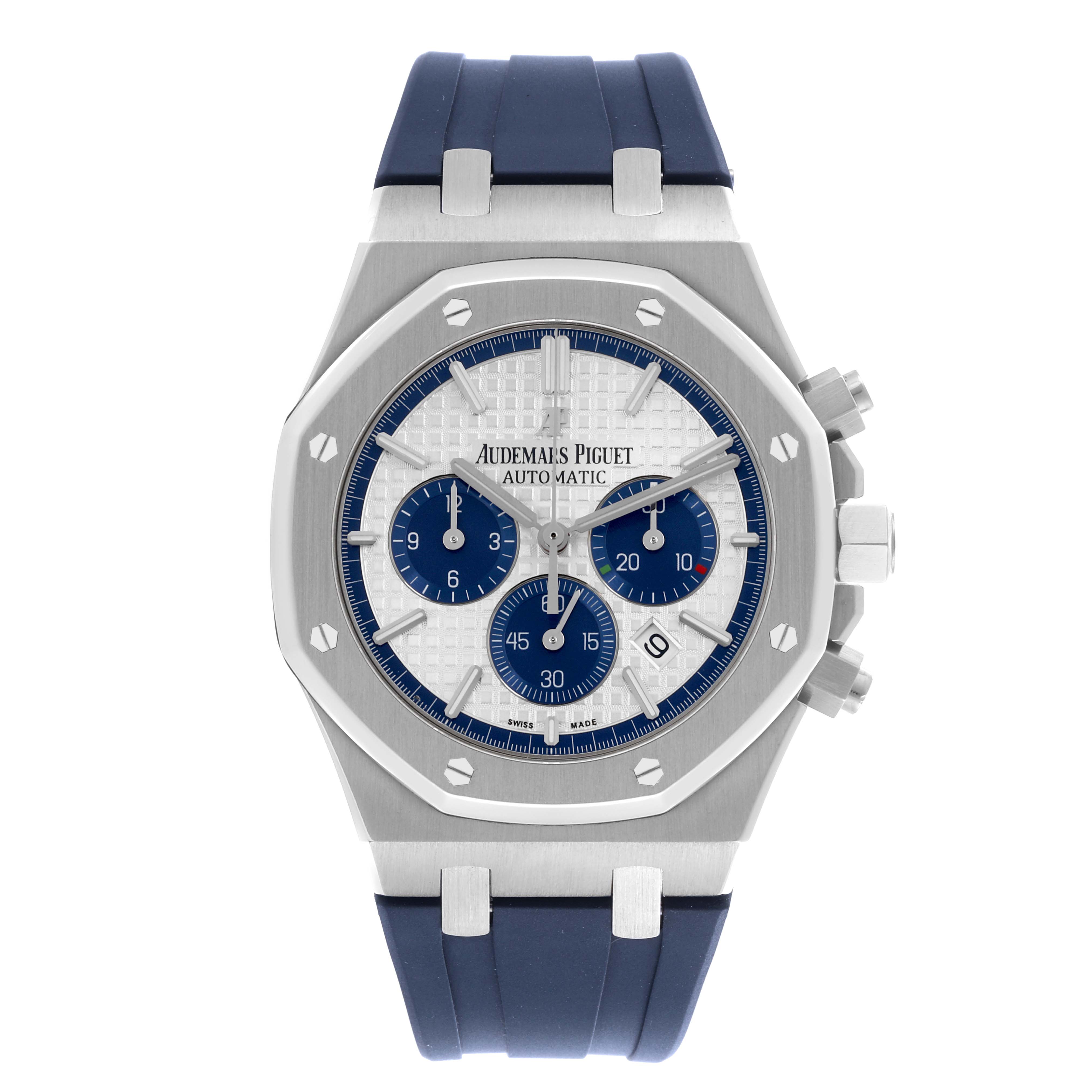 The image shows a front view of the Audemars Piguet Royal Oak 26326ST.OO.D027CA.01 Men's Stainless Steel White Dial 26326ST.OO.D027CA.01 Men's Stainless Steel White Dial watch, highlighting its octagonal bezel, dials, and strap.