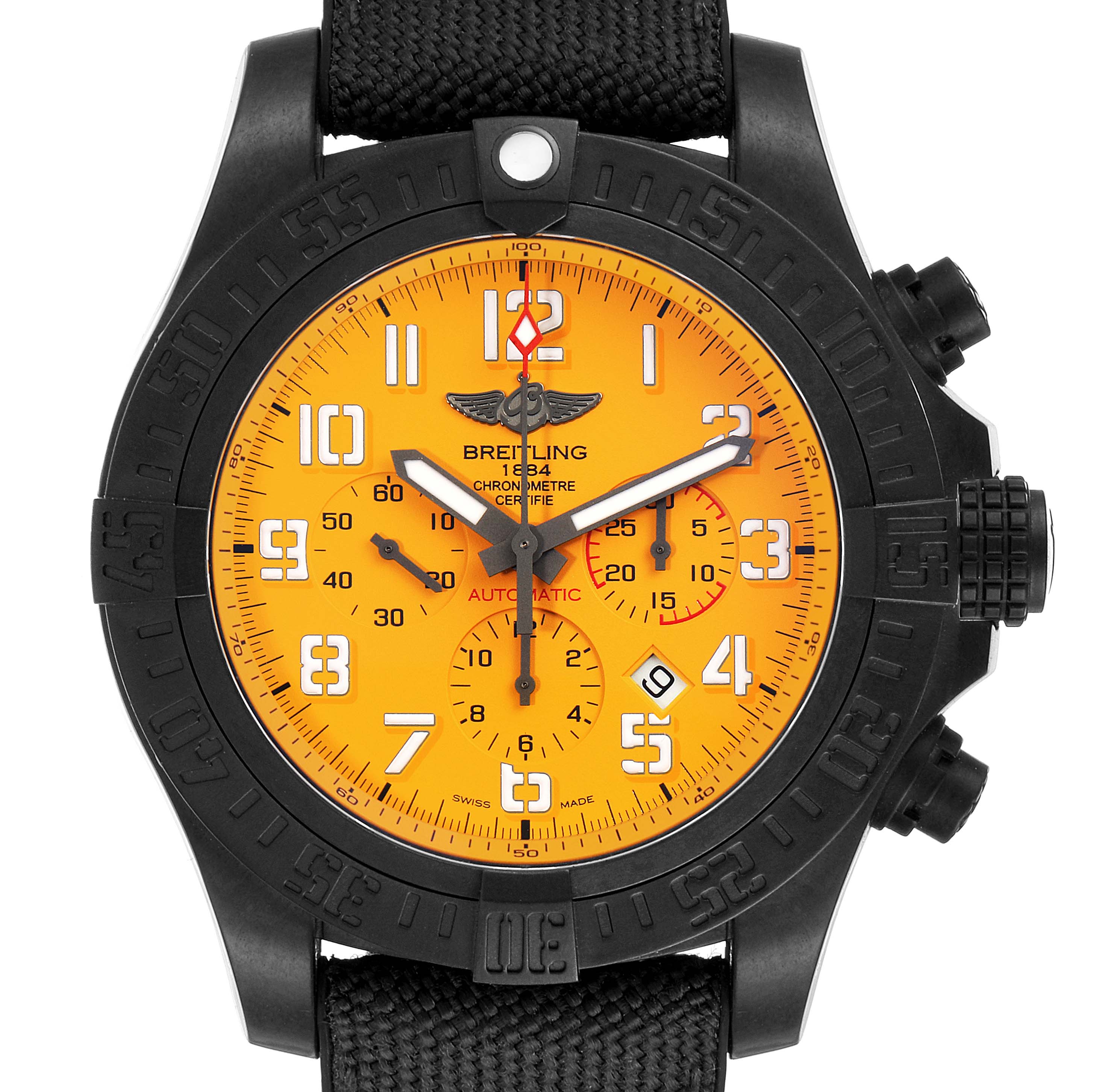 This image shows a frontal view of the Breitling Avenger XB0170E4/1533 Men's Titanium Yellow Dial XB0170E4/1533 Men's Titanium Yellow Dial watch, highlighting its black bezel, yellow dial, and chronograph subdials.