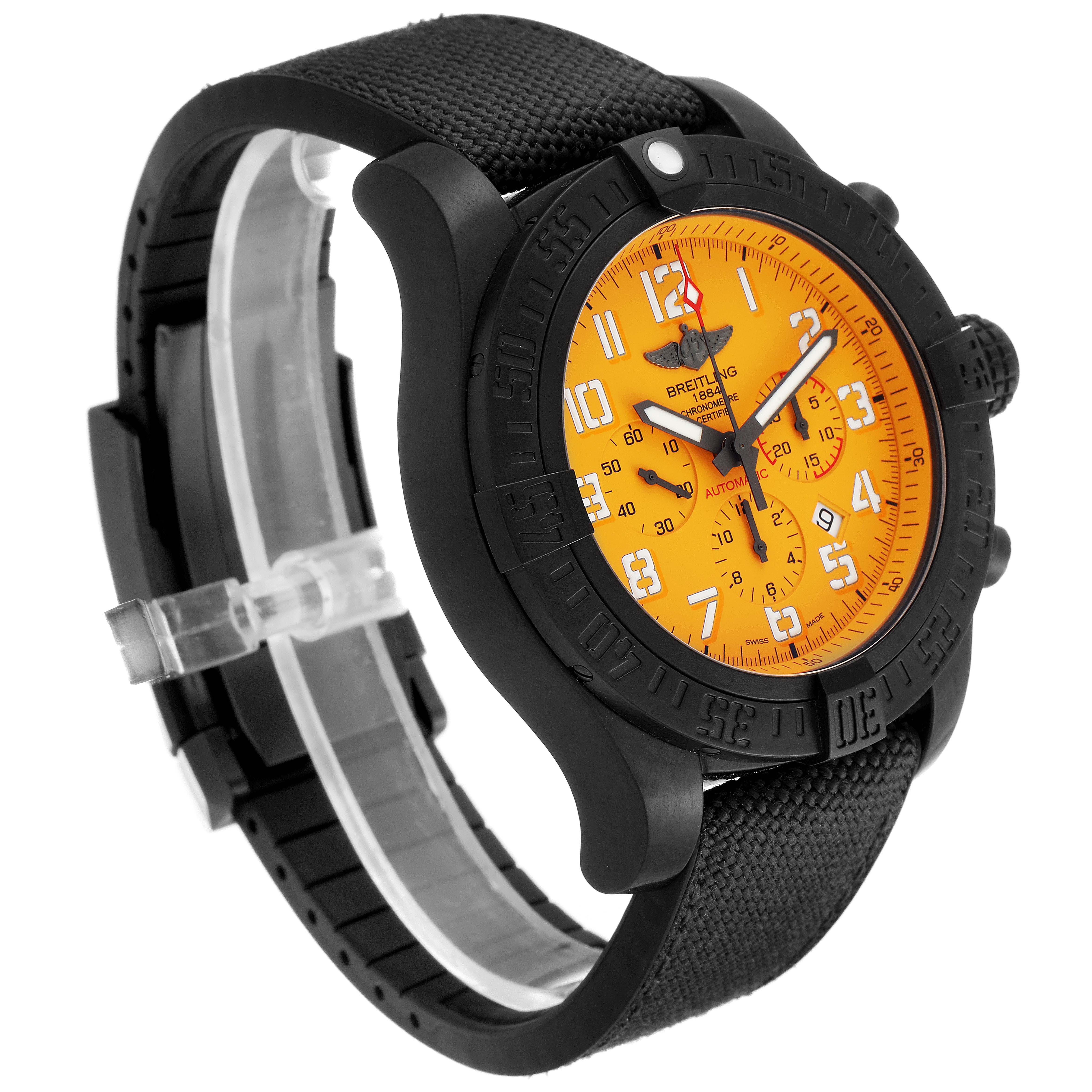 The photo shows a Breitling Avenger XB0170E4/1533 Men's Titanium Yellow Dial XB0170E4/1533 Men's Titanium Yellow Dial with an orange dial, black bezel, and black strap, viewed from a front-side angle.