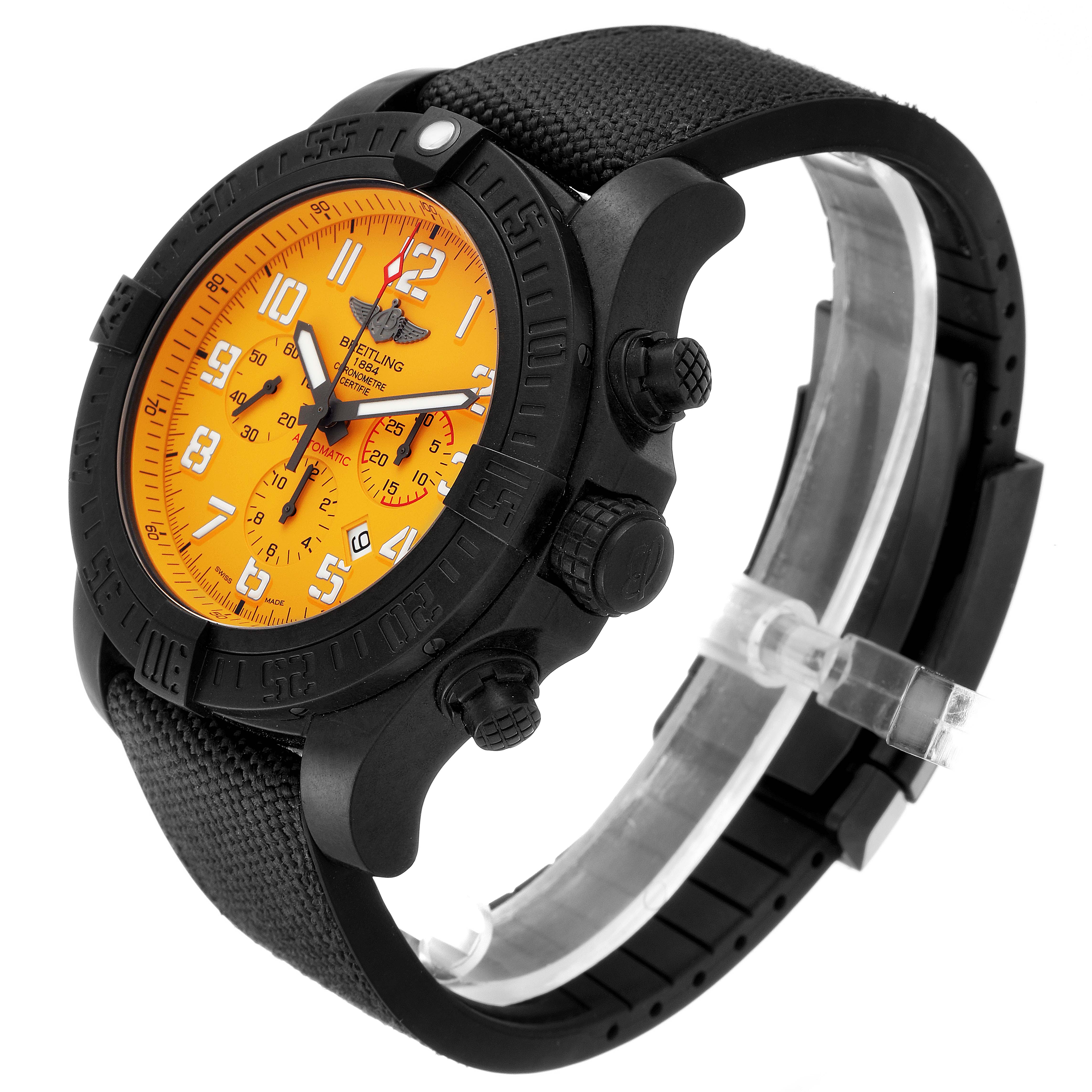 The image shows a side-angled view of a Breitling Avenger XB0170E4/1533 Men's Titanium Yellow Dial XB0170E4/1533 Men's Titanium Yellow Dial watch, highlighting the orange dial, bezel, and black strap.