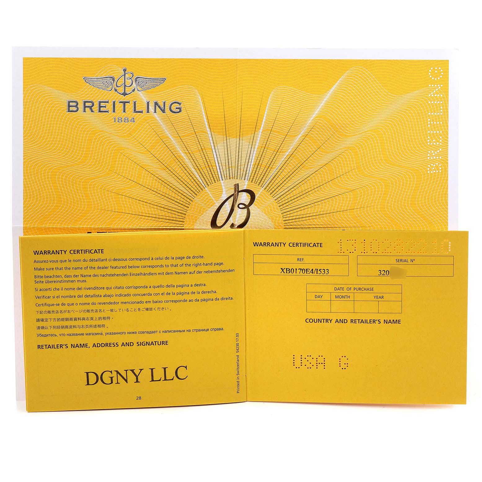 The image shows a Breitling Avenger XB0170E4/1533 Men's Titanium Yellow Dial XB0170E4/1533 Men's Titanium Yellow Dial model warranty certificate displayed open, revealing details and retailer information.