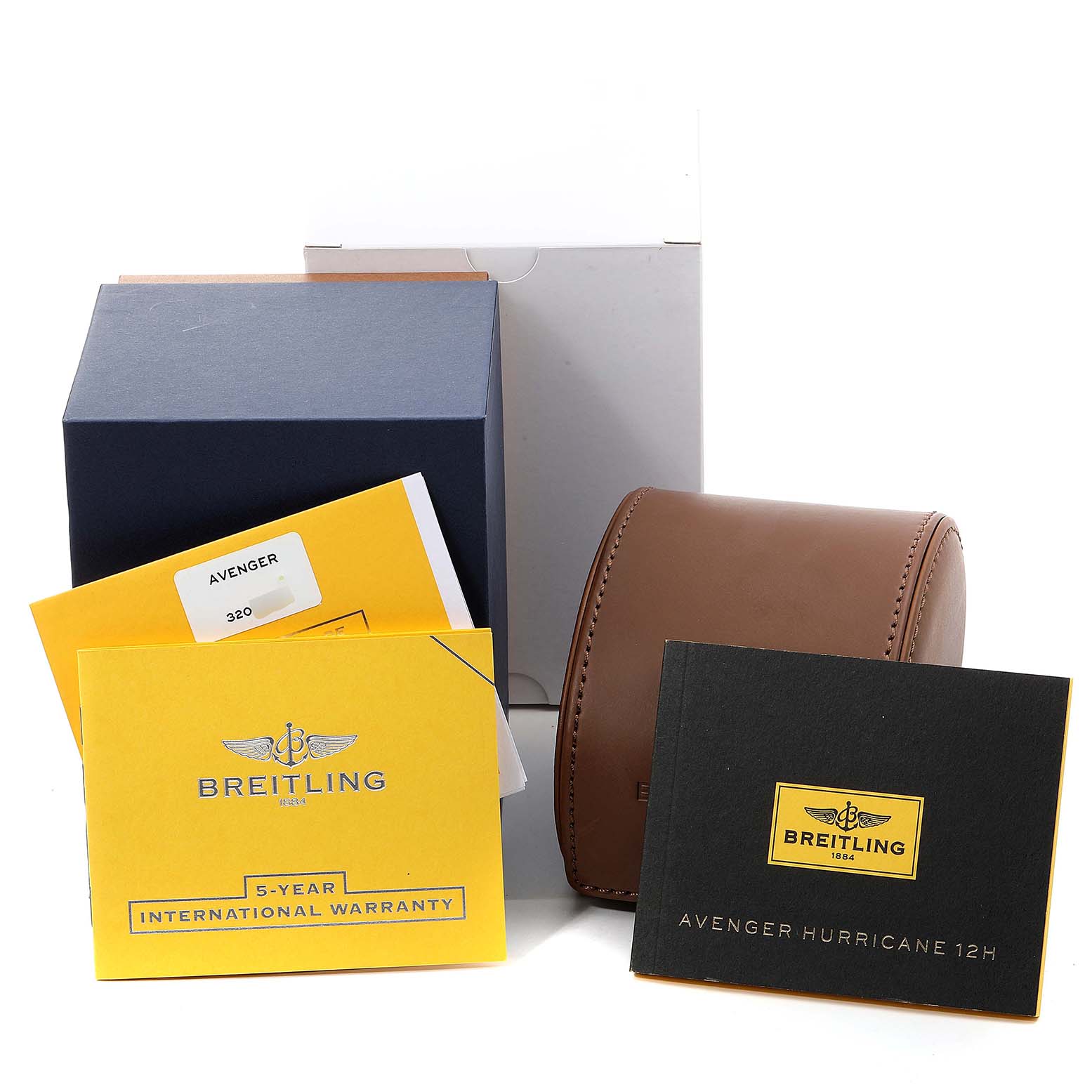 The image shows packaging materials, warranty cards, and a leather case for the Breitling Avenger XB0170E4/1533 Men's Titanium Yellow Dial XB0170E4/1533 Men's Titanium Yellow Dial watch.